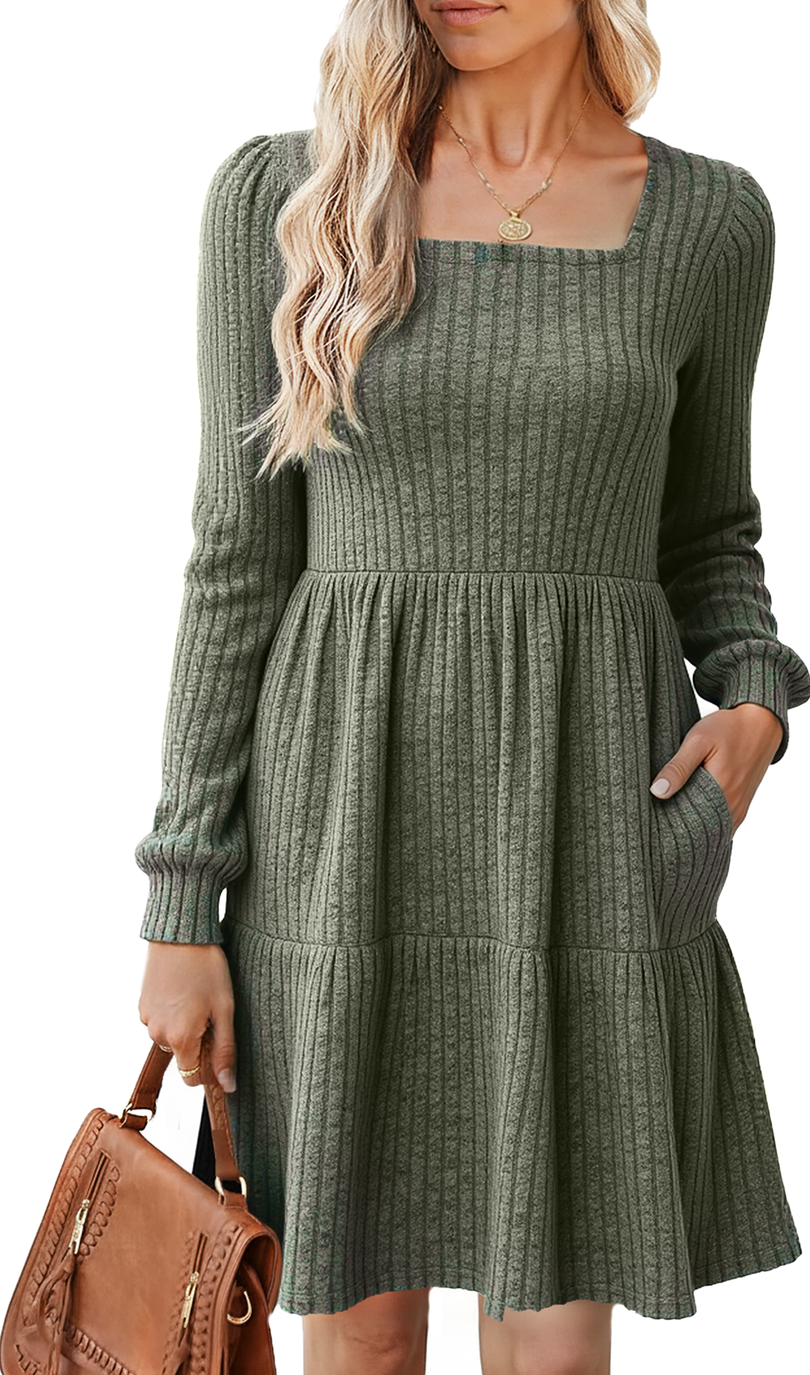 SOMER Womens Dresses Sweater Dress Long Sleeve Dress for Women Square Neck Knit Babydoll Dress with Pockets Winter Fall 2025