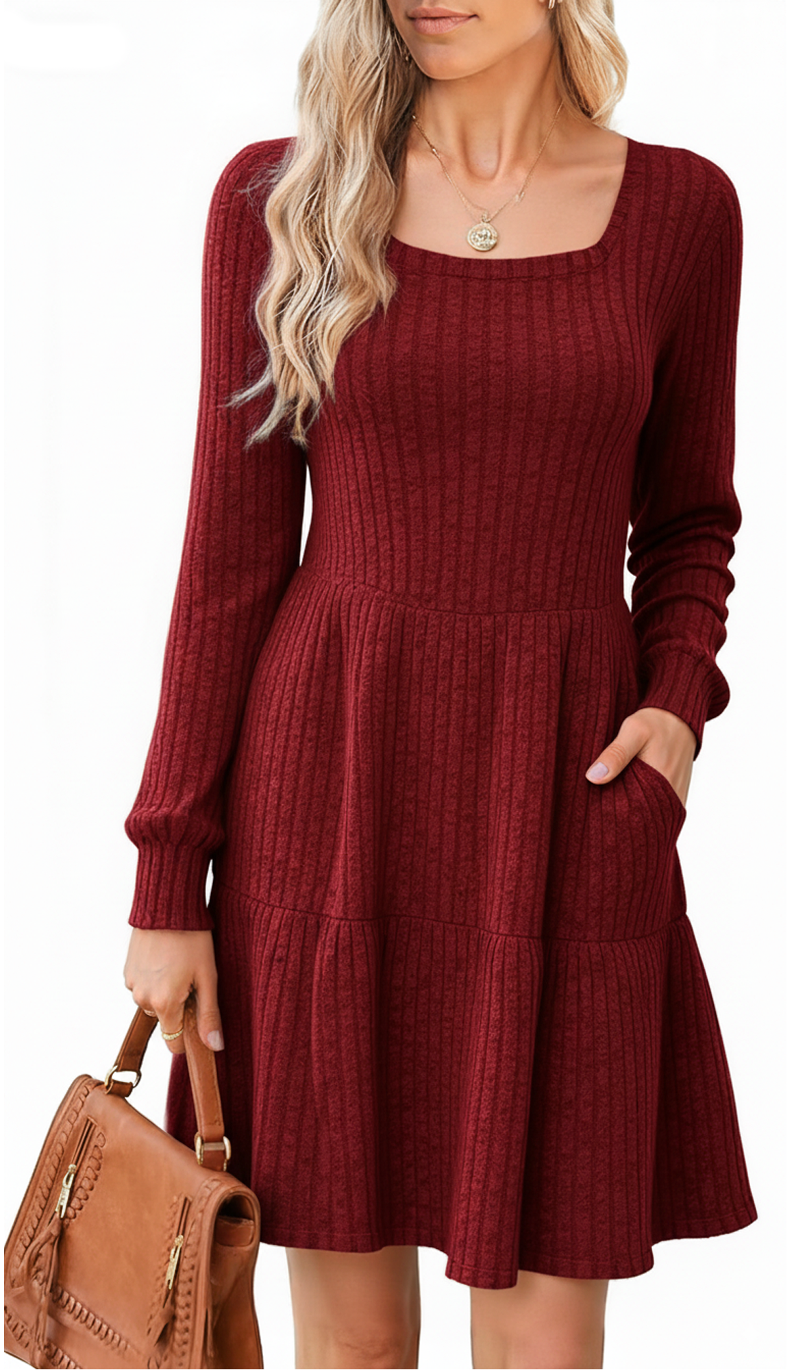 SOMER Womens Dresses Sweater Dress Long Sleeve Dress for Women Square Neck Knit Babydoll Dress with Pockets Winter Fall 2025