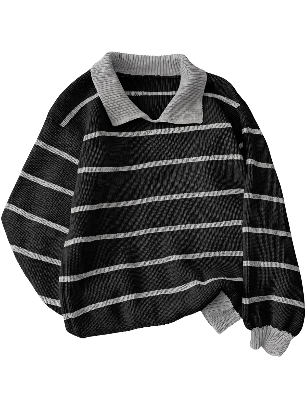 SOMER Women's Striped Collared Sweater Oversized Long Sleeve Knit Pullover Top, Casual Preppy Polo Style