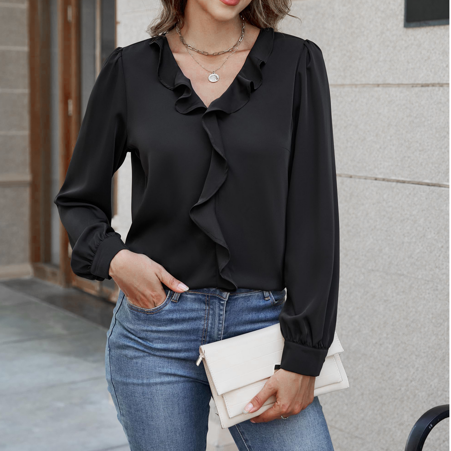 SOMER Long Sleeve Shirts for Womens Tops Ruffle V Neck Peplum Blouses for Women Dressy Casual Black Business Spring Elegant