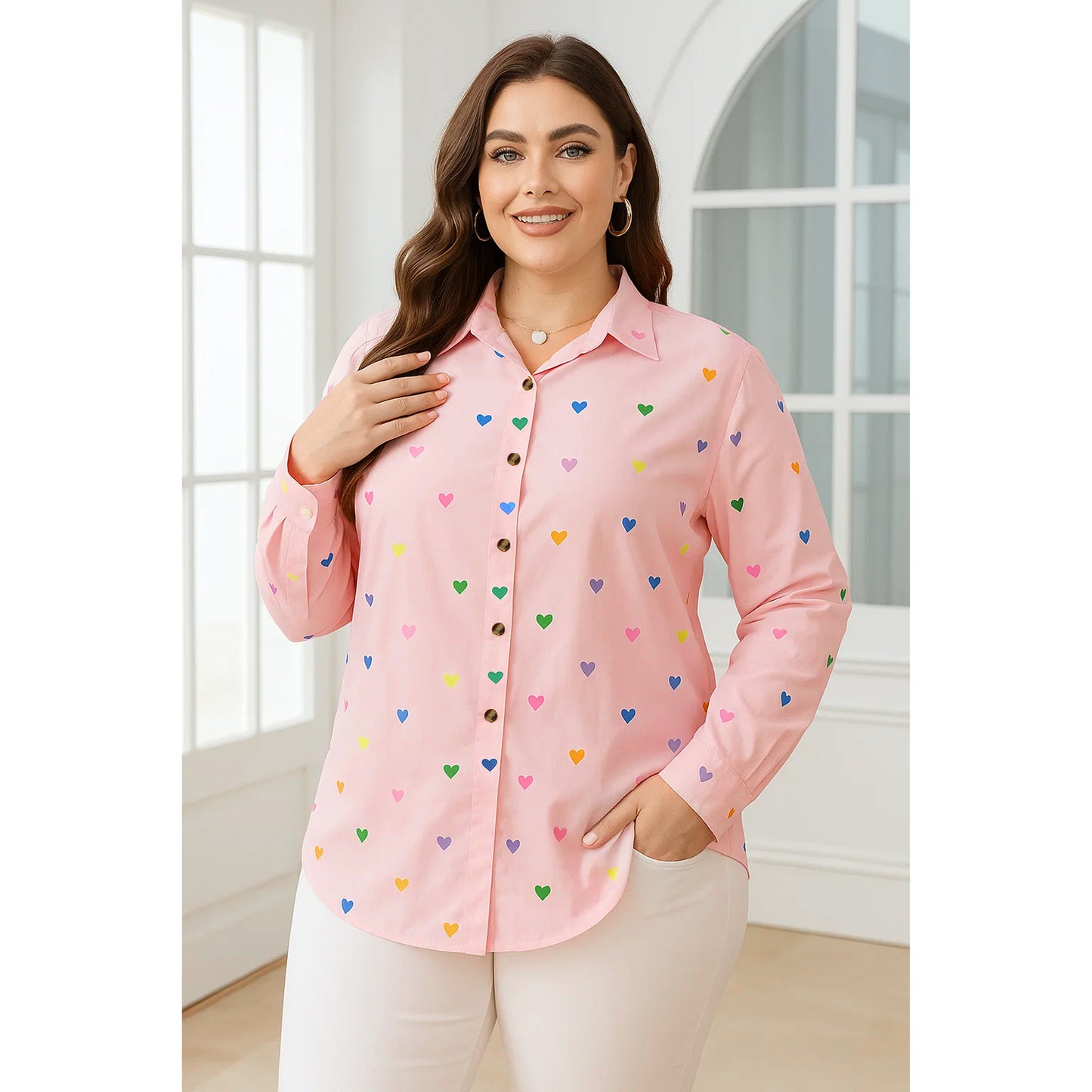 SOMER Plus Size Button Down Shirts for Women Blouses Short Sleeve V Neck Cute Heart Print Shirts Casual Summer Vacation Tops Loose Fit