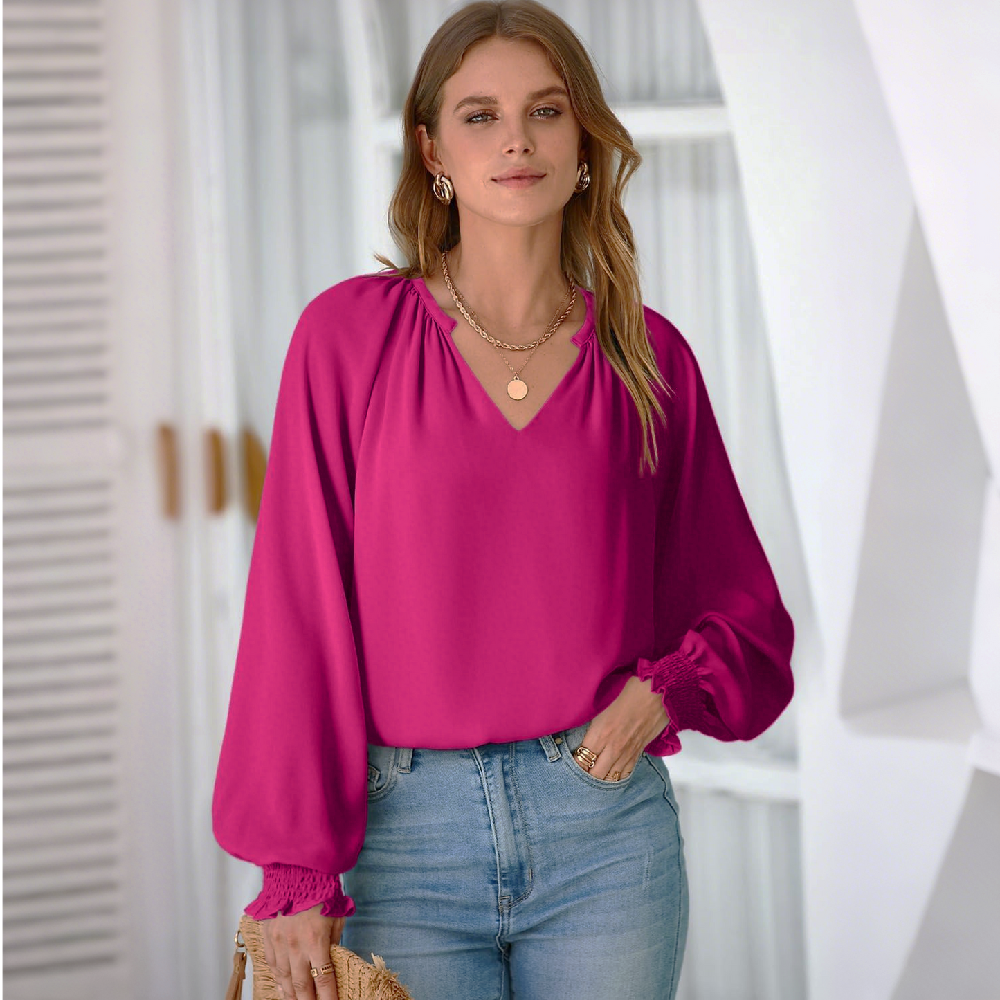 SOMER Blouses for Women Dressy Casual, Trendy V Neck Long Sleeve Shirts for Women, Elegant Casual Womens Fall Tops Pleated Cuffs 2025