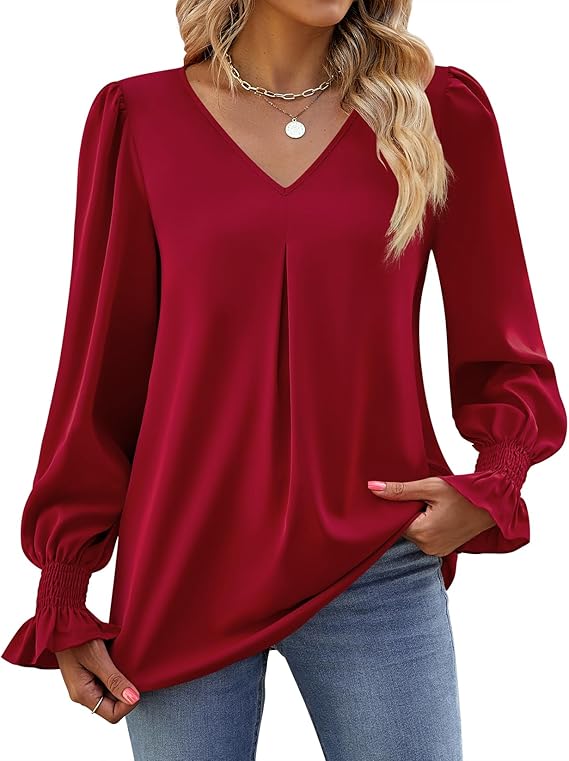 SOMER Shirts Long Sleeve Shirts for Women Tops Dressy Casual V Neck Tunic Shirts Loose Chiffon Work Blouse.