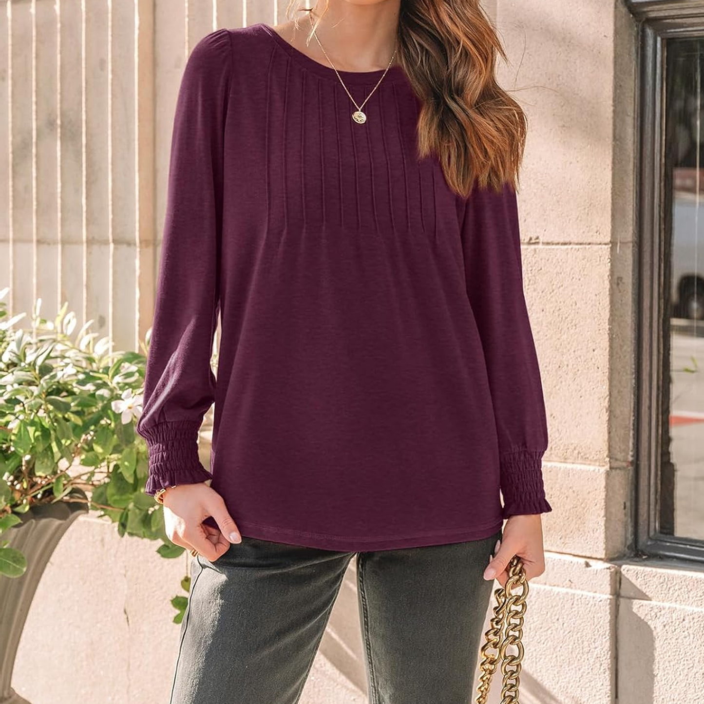 SOMER Womens Tops Long Sleeve Shirts Dressy Casual Blouse Pleated Puff Tunic Tops for Going Out,2025 Fall