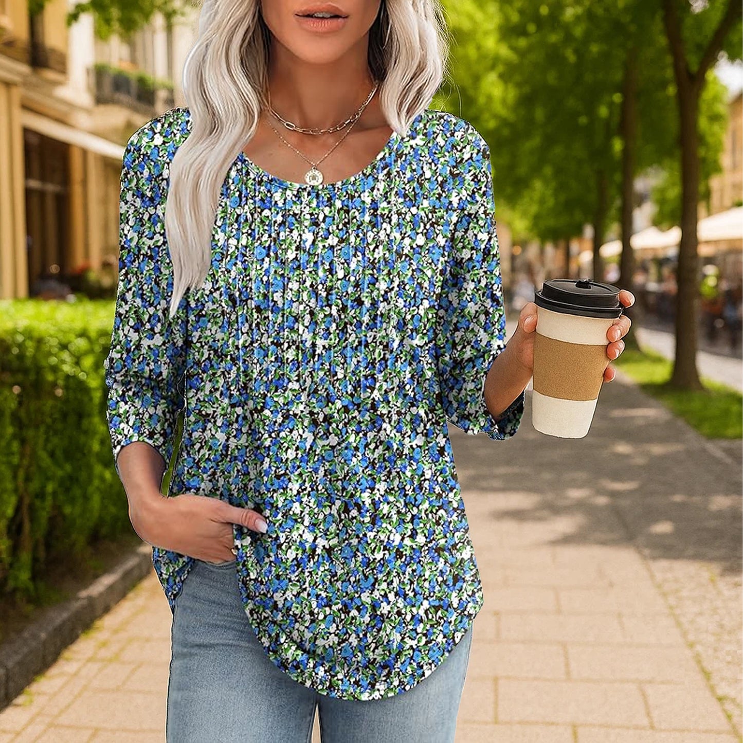 SOMER Women Floral Tunic Top 3/4 Sleeve Dressy Casual Crew Neck Pleated Blouses for Going Out,2025
