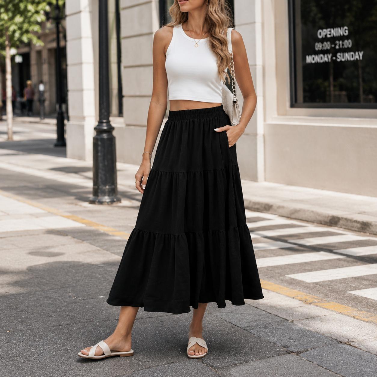SOMER linen Skirts For Women Flowy Maxi Skirt Summer linen Pleated High Waisted Casual Long Skirts With Pockets