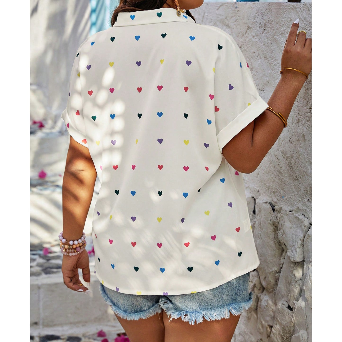 SOMER Plus Size Button Down Shirts for Women Blouses Short Sleeve V Neck Cute Heart Print Shirts Casual Summer Vacation Tops Loose Fit