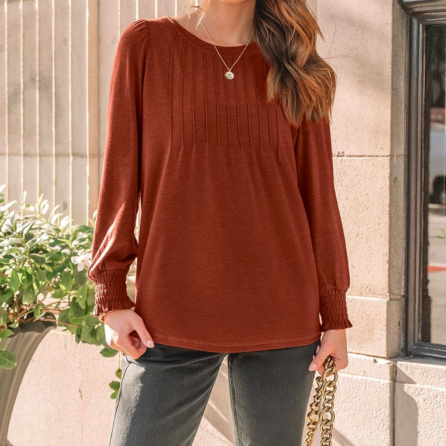 SOMER Womens Tops Long Sleeve Shirts Dressy Casual Blouse Pleated Puff Tunic Tops for Going Out,2025 Fall