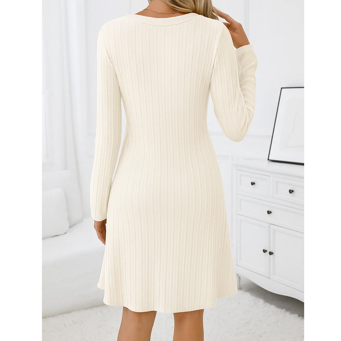 SOMER Women Dresses Plain Casual Long Sleeve Dress V Neck A-Line Pullover Wedding Guest Midi Dress for Fall Winter and Spring