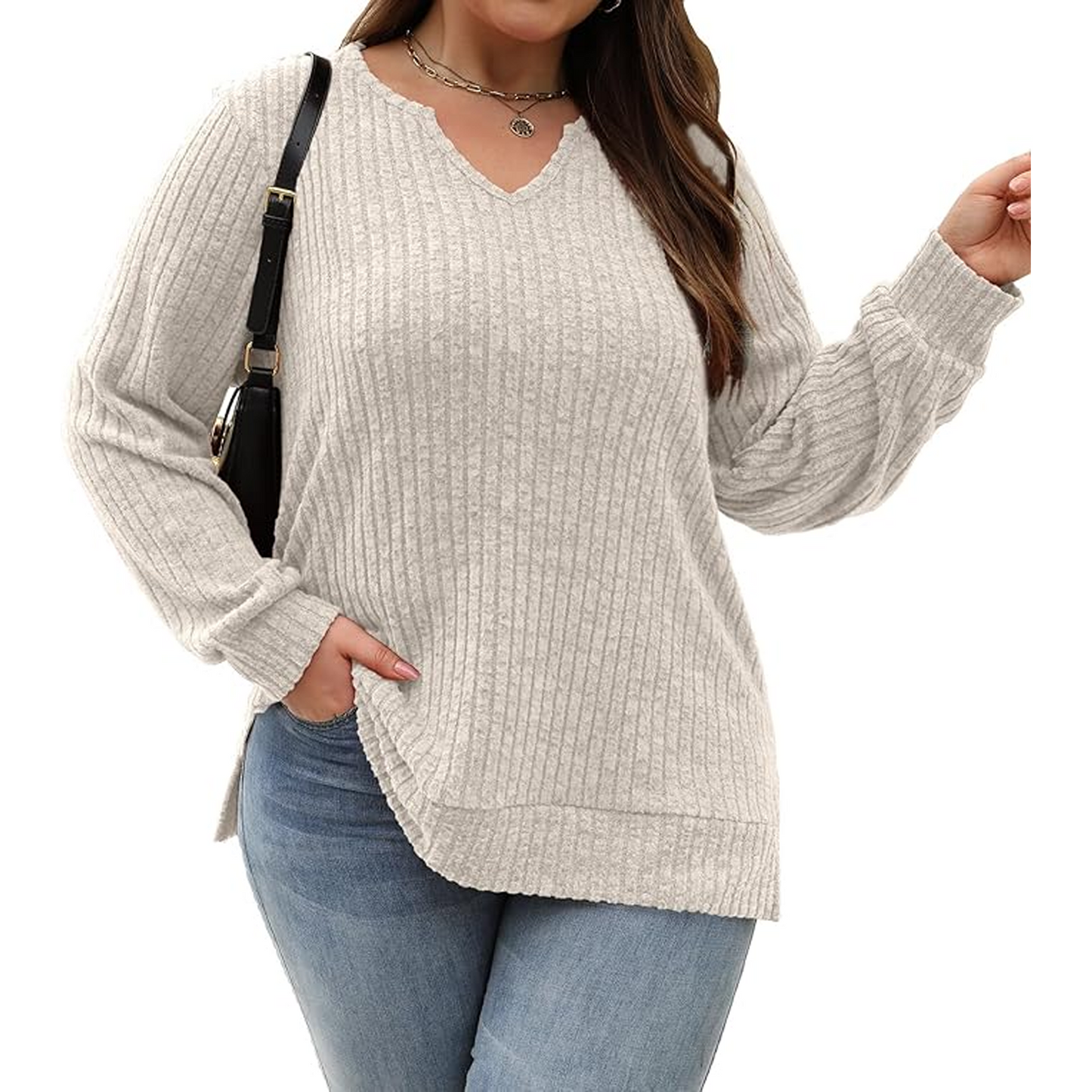 SOMER Plus Size Tops For Women Casual Long Sleeve V Neck Lightweight Knitted Sweaters Loose Fit Plus Size Tunic Tops