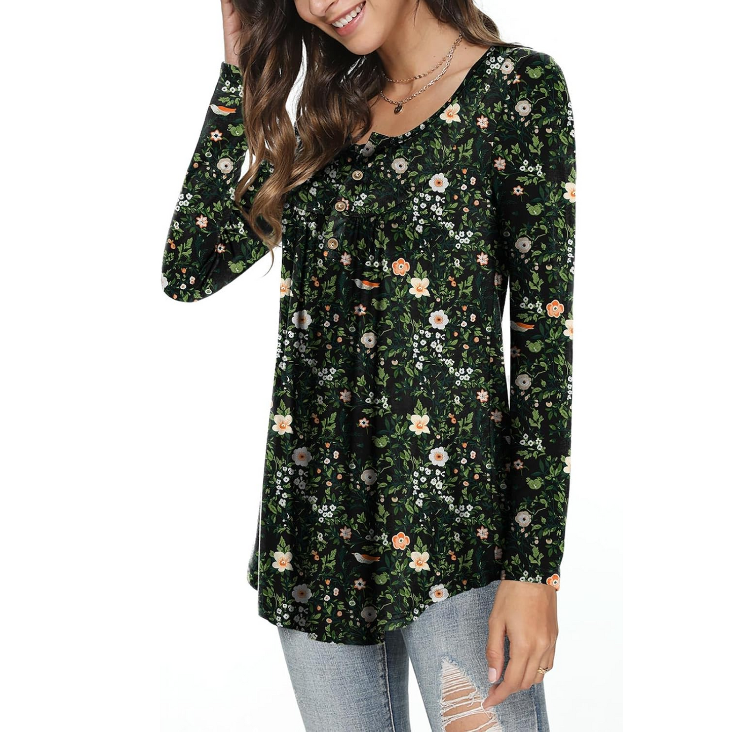 SOMER Boho Tops For Women Long Sleeve Shirts Dressy Casual Blouses With Printed Pleated Button Tunic Tops for Going Out, 2025 Fall Trendy