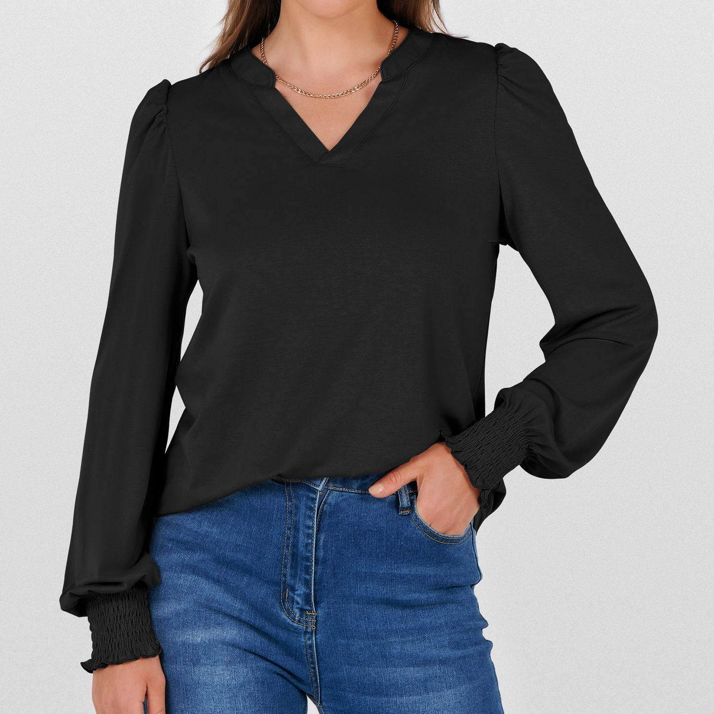 SOMER Womens Tops Fall Long Sleeve Shirts Business Casual V Neck Loose T-Shirts Dressy Work Tops with Smocked Cuffs