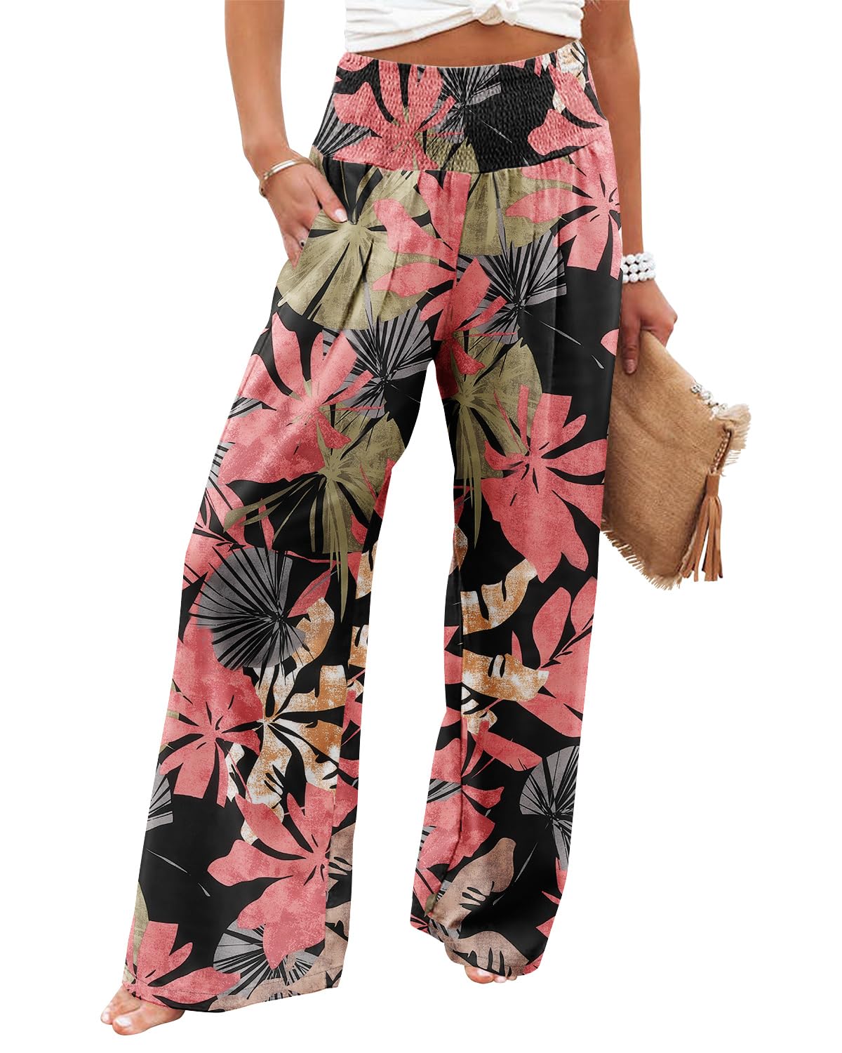 SOMER Womens Elastic High Waisted Palazzo Pants Casual Wide Leg Long Lounge Pant Trousers with Pocket