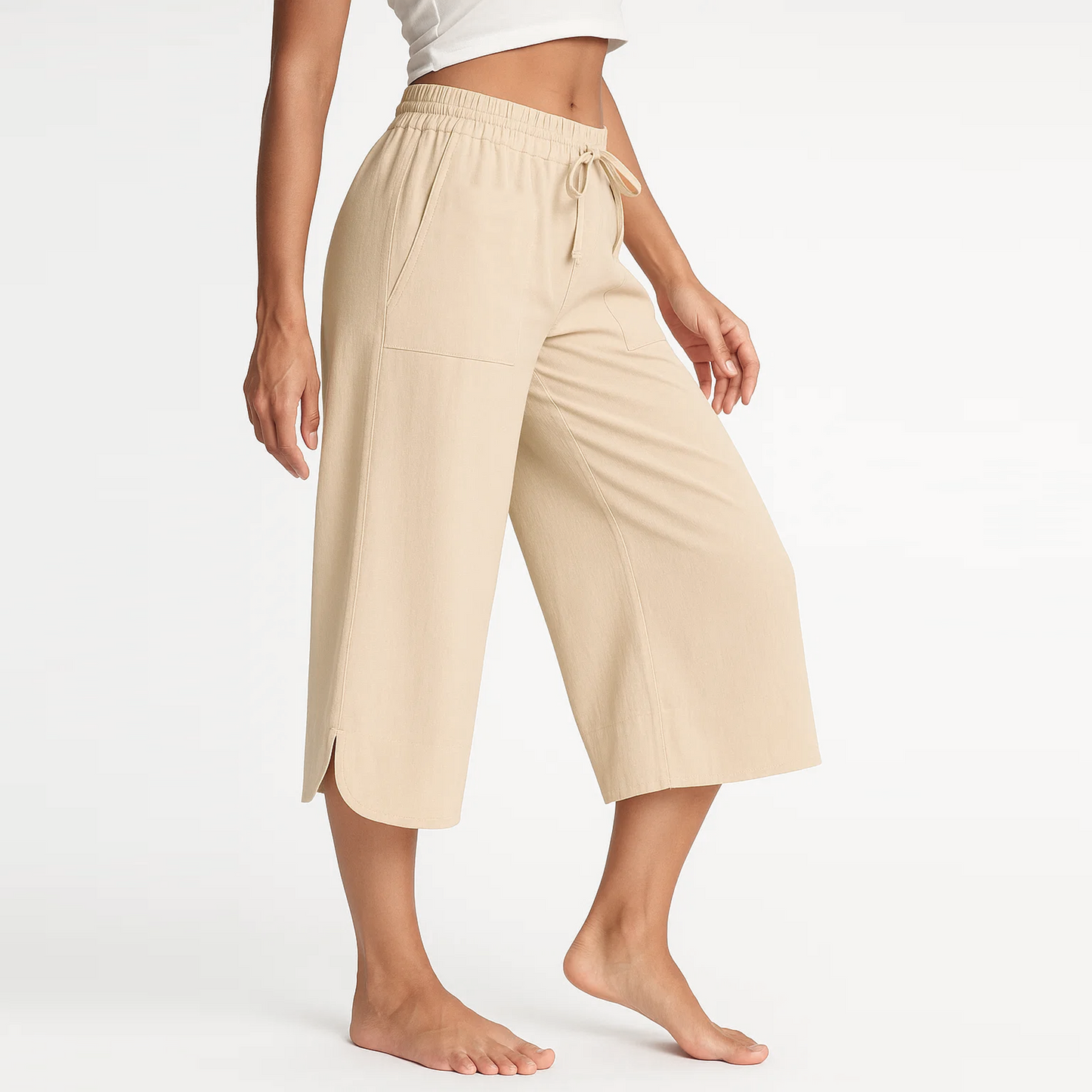 SOMER Linen Pants Women Wide Leg Cropped Capri Pants for Women with Drawstring High Waist Loose Fit Summer Beach Trousers with Pockets, Apricot