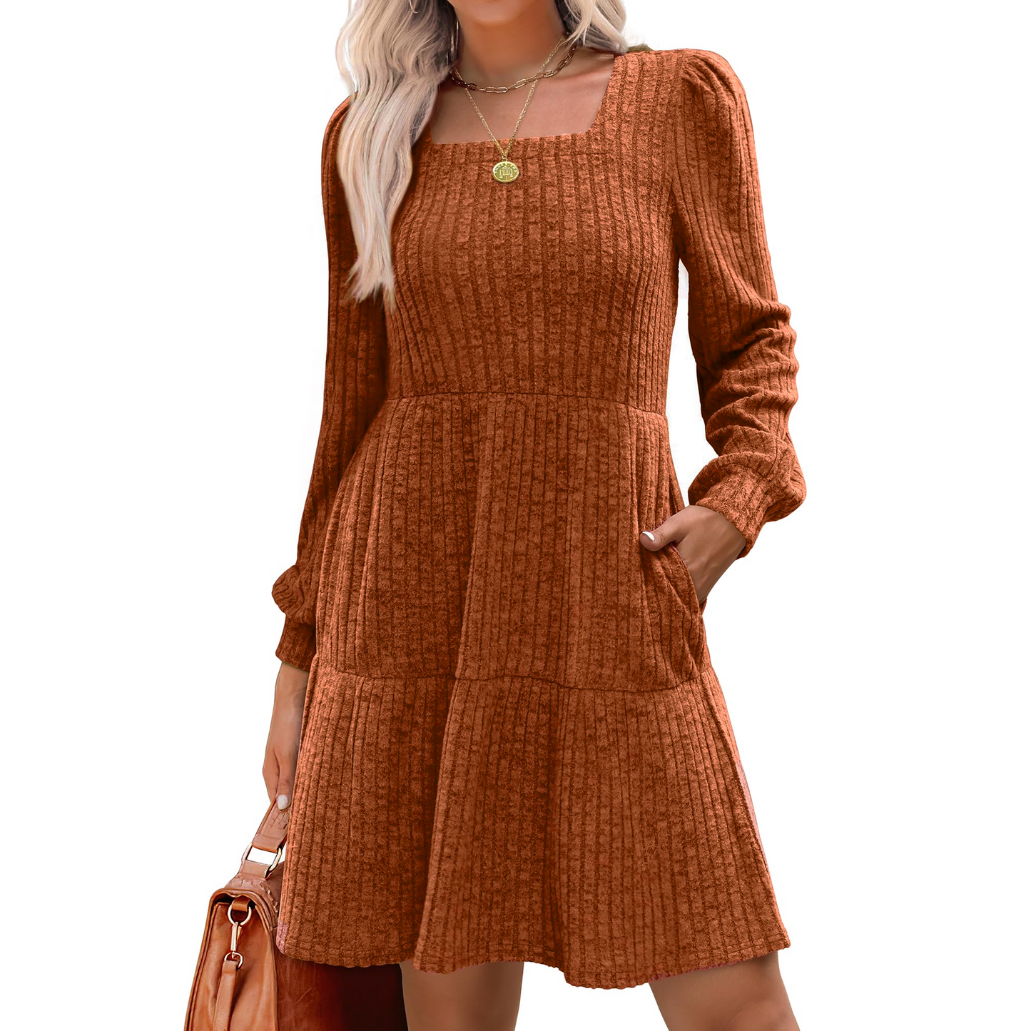 SOMER Womens Dresses Sweater Dress Long Sleeve Dress for Women Square Neck Knit Babydoll Dress with Pockets Winter Fall 2025