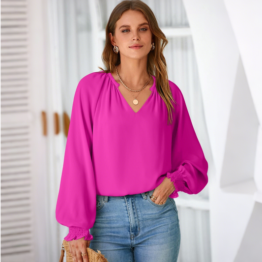 SOMER Blouses for Women Dressy Casual, Trendy V Neck Long Sleeve Shirts for Women, Elegant Casual Womens Fall Tops Pleated Cuffs 2025