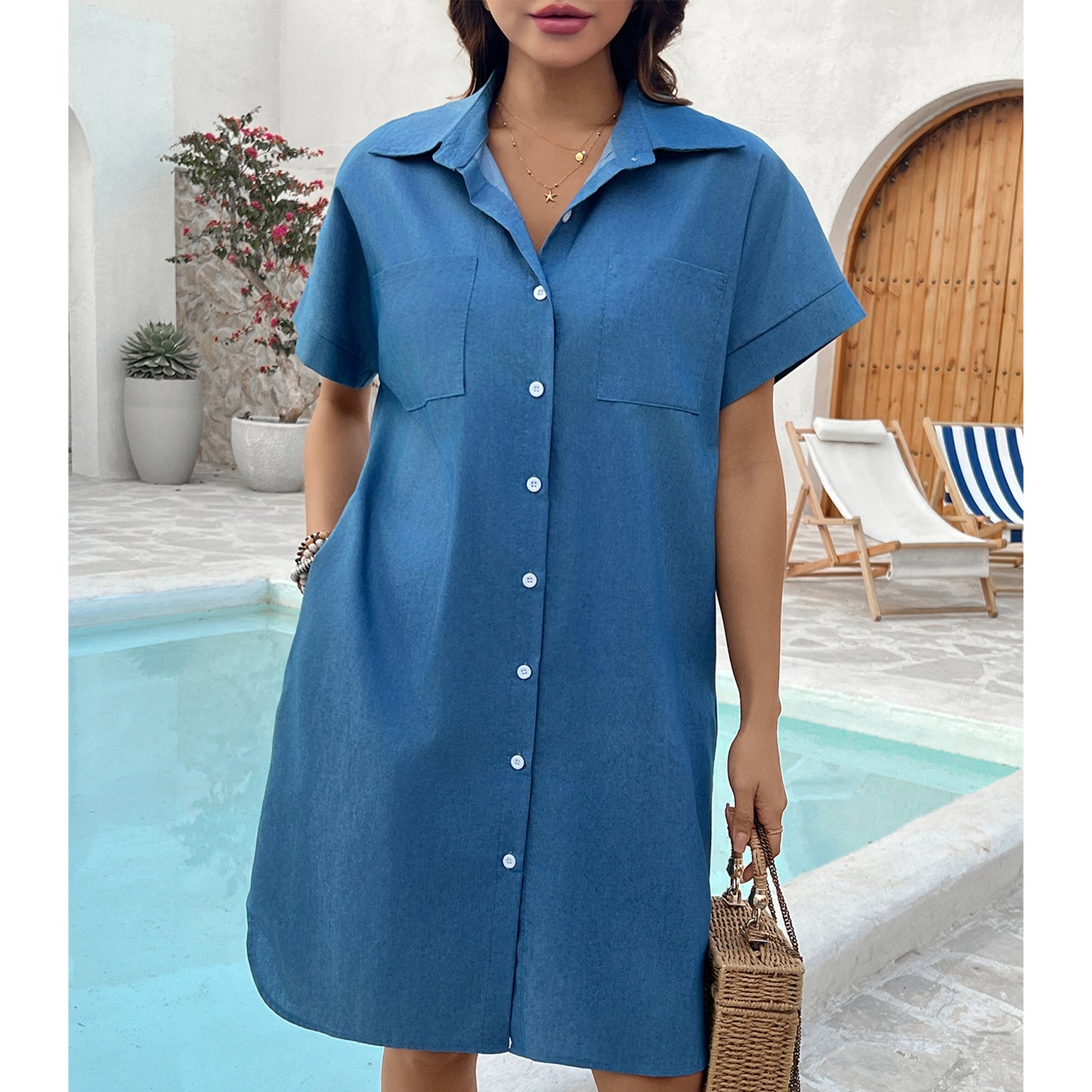 SOMER Women's Tshirt Denim Jean Dress Summer Mini Button Down Short Sleeve Beach Sundress Vintage Knee with Pockets Girls Spring Dresses Blue