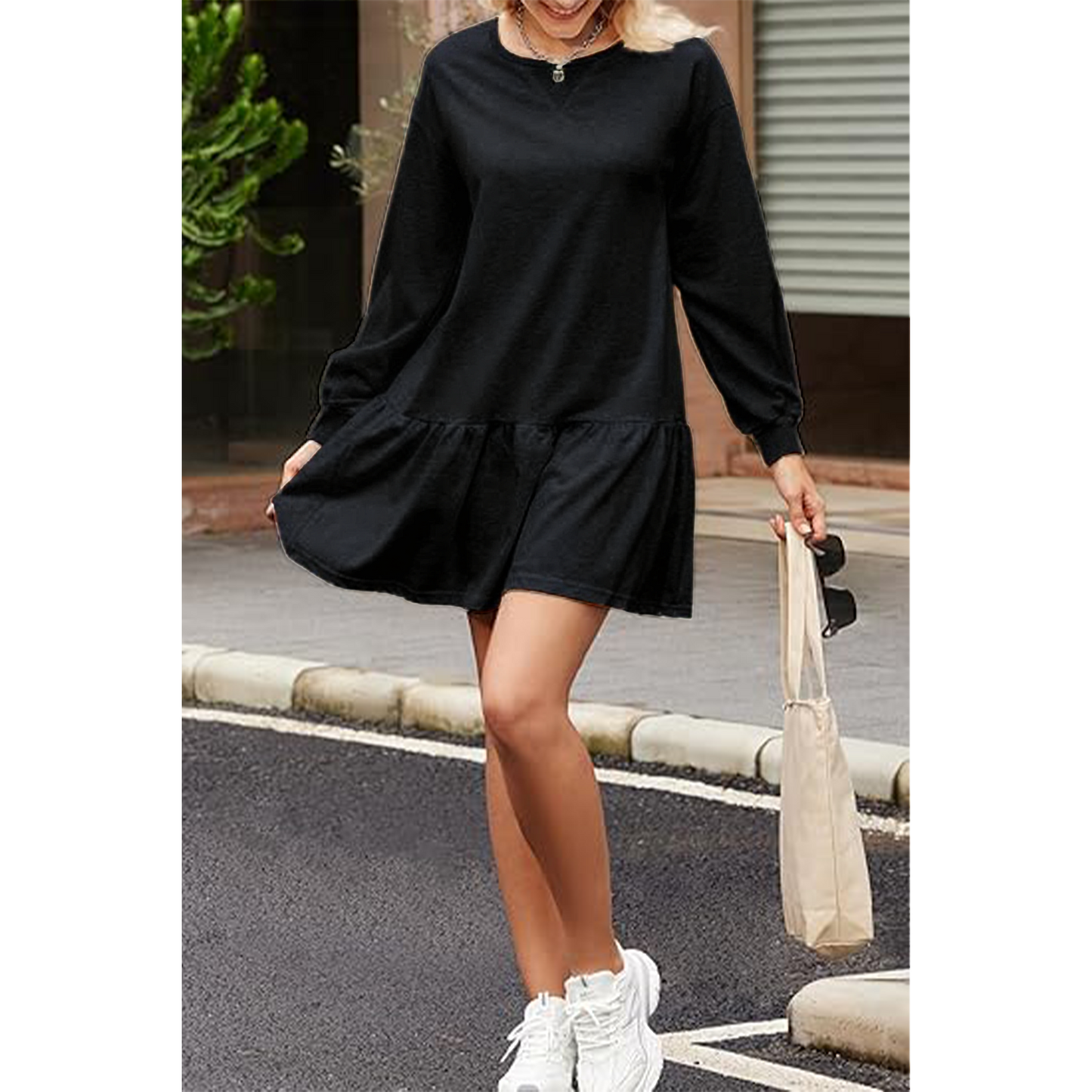 SOMER Fall Dresses for Women 2025, Crewneck Sweatshirt Dress Pullover, Mini Casual Dresses for Women Elegant Classy, A-Line Long Sleeve Black Dress