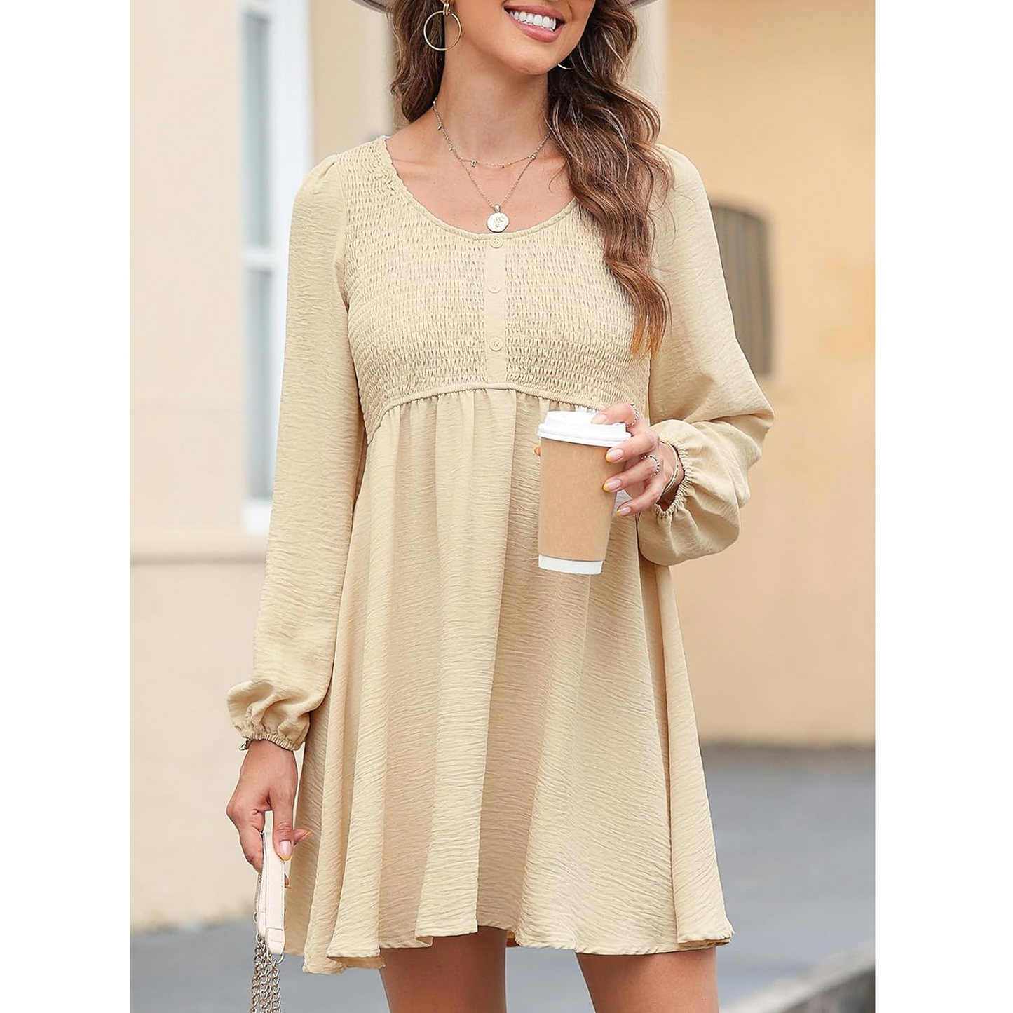SOMER Casual Dresses for Women, Fall Winter A-Line Midi Dresses for Women 2025 Crewneck Button Up, Cute Long Sleeve Dress for Women