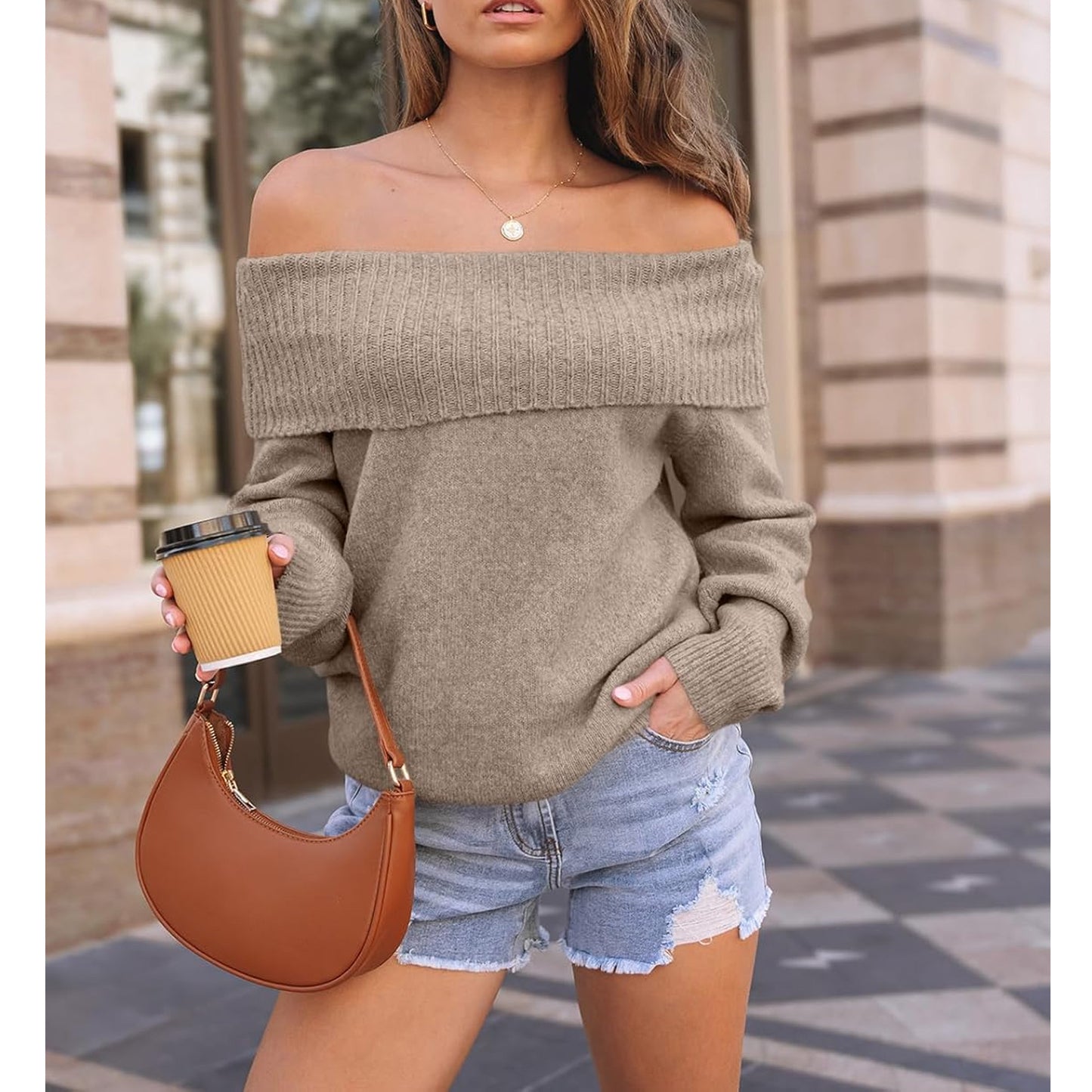 SOMER Off the Shoulder Sweater Knit Pullover Tops Sweaters for Women Long Sleeve Off The Shoulder Tops Casual Loose Winter Sweaters Apricot