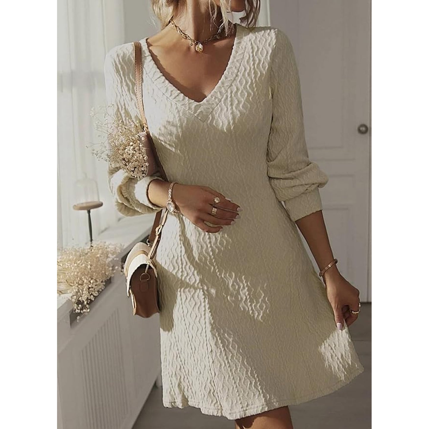 SOMER Womens Dress V-Neck Casual Dresses for Women Ripple Sweater Dress, Dresses for Women 2025 Elegant Classy Fall and Winter Long Sleeve Dress