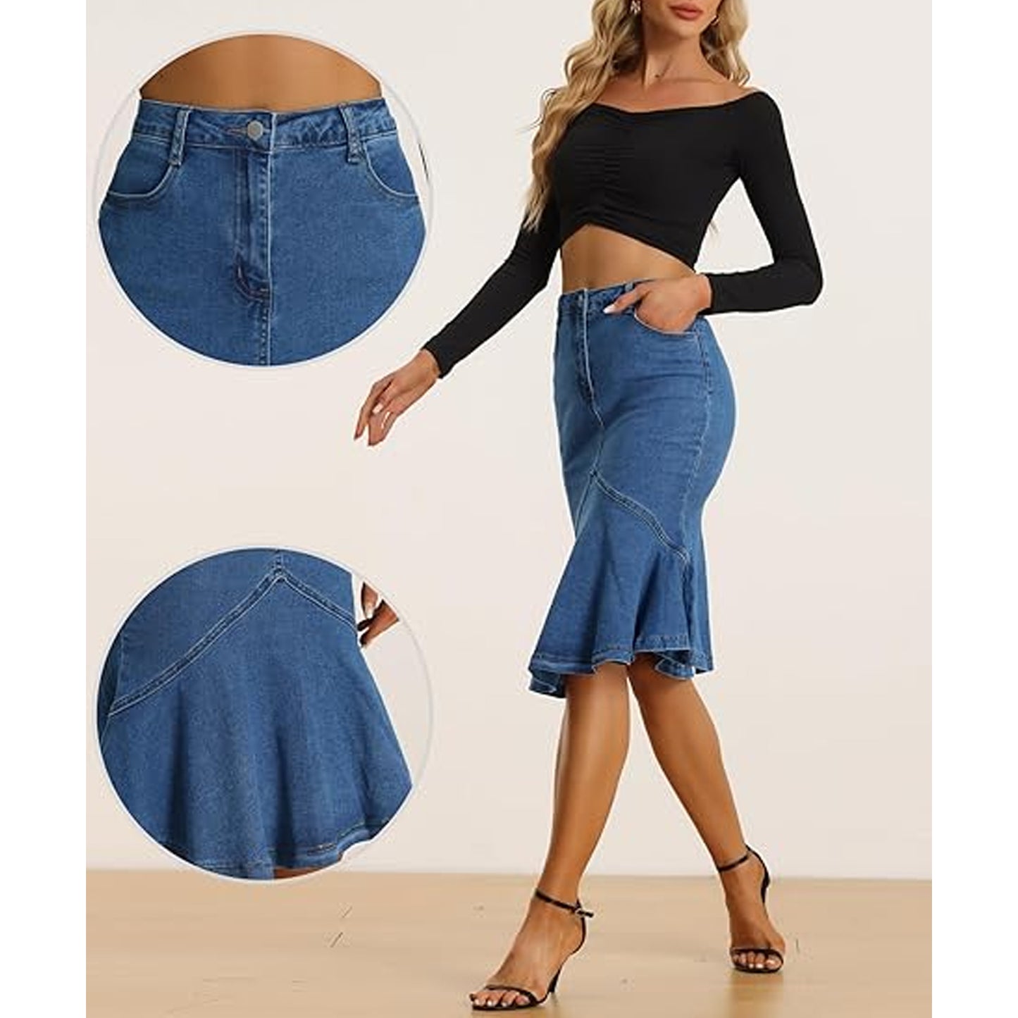 SOMER Women's Denim Mini Skirt Jean High Waisted Bodycon with Ruffles Casual Business Youth Midi Length Jean Skirt Blue