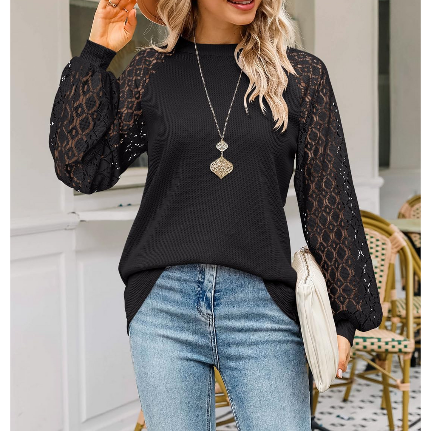 SOMER Womans Tops Fall Long Sleeve Shirts Pleated Lace Tops Casual Loose Blouses T Shirts