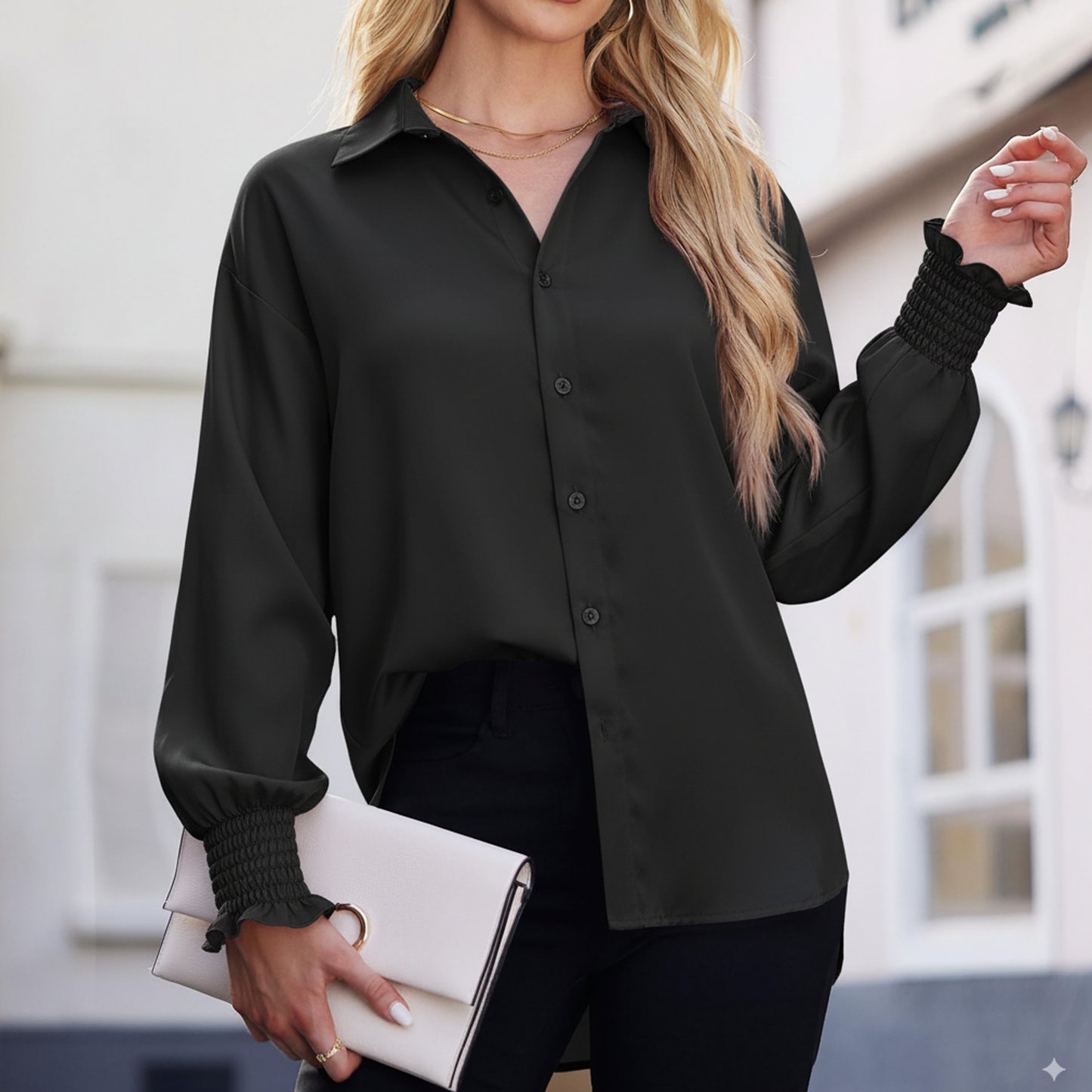 SOMER Button Down Shirts for Women Long Sleeve Womans Tops Smocked Cuffed Blouses for Women Dressy Collared Casual Shirts with Pocket