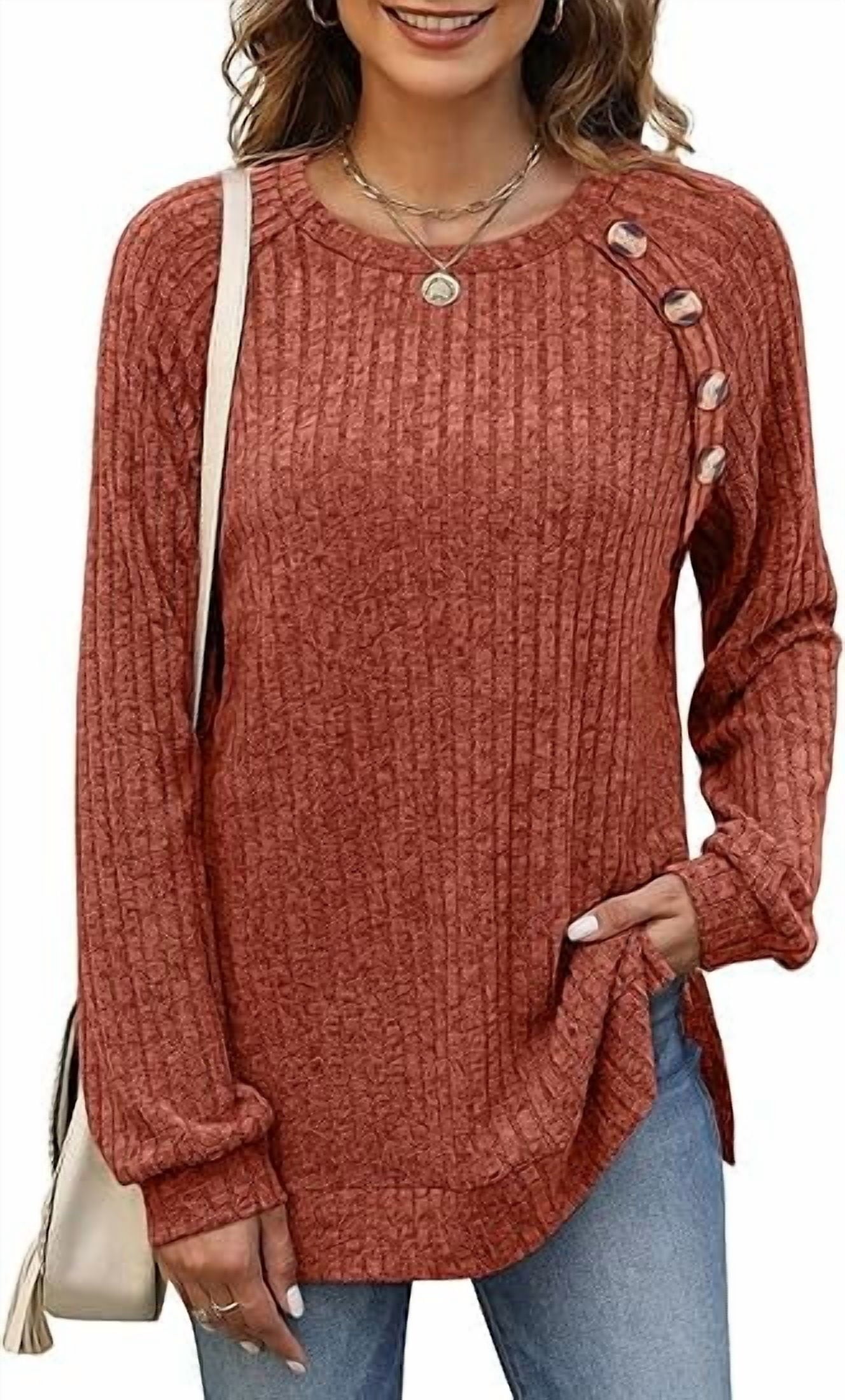 SOMER Long Sleeve Shirts for Women Knit Sweaters Pullover Side Slit Tops for Women Ribbed Knit Fall Shirts