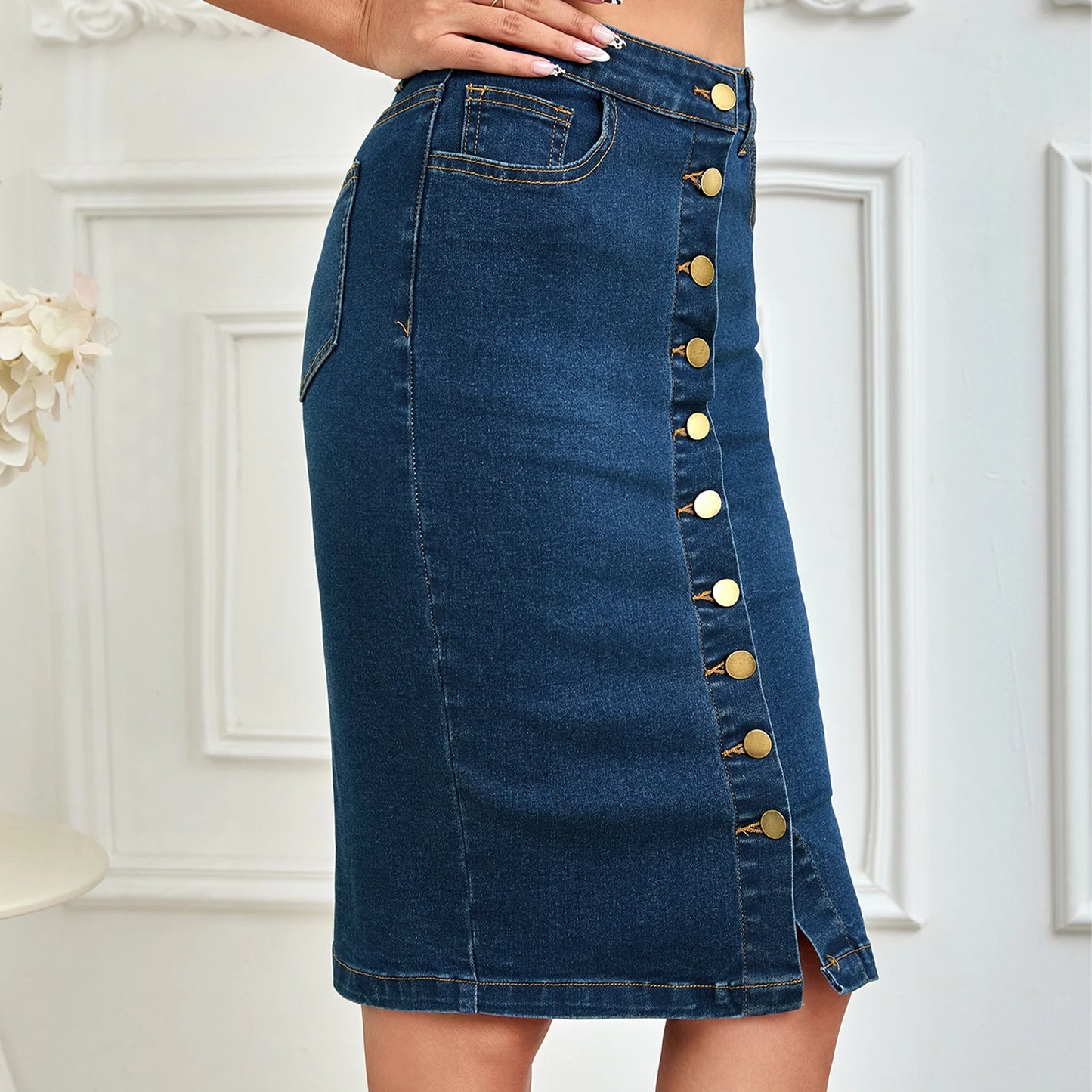 SOMER Women's Denim Skirt Long Jean High Waisted Bodycon Casual Business Youth Midi Length Jean Skirt Blue