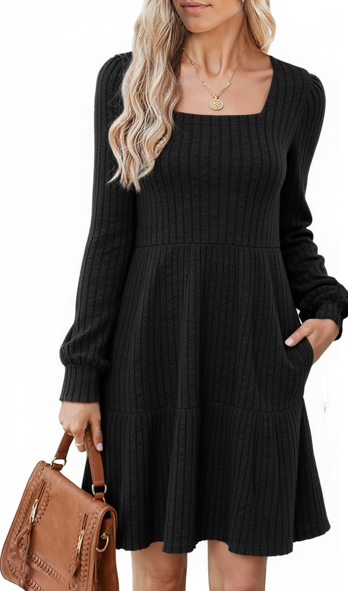 SOMER Womens Dresses Sweater Dress Long Sleeve Dress for Women Square Neck Knit Babydoll Dress with Pockets Winter Fall 2025