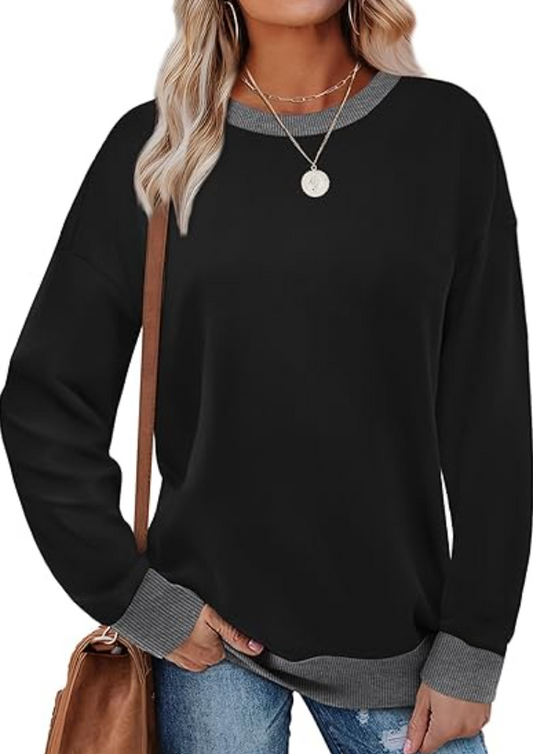 SOMER Long Sleeve Shirts for Women, Trendy Crew Neck Sweatshirt for Women, Cotton Cute Basic Tees for Women, Color Block Casual Womens Fall Tops Soft Comfy