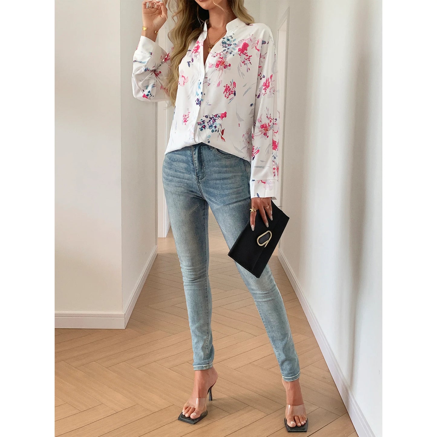 SOMER Button Down Shirts for Women Blouses for Women Dressy Casual V Neck Silky Printed Wrinkle-Resistant Long Sleeve Tops Trendy Early Fall Fashion 2025