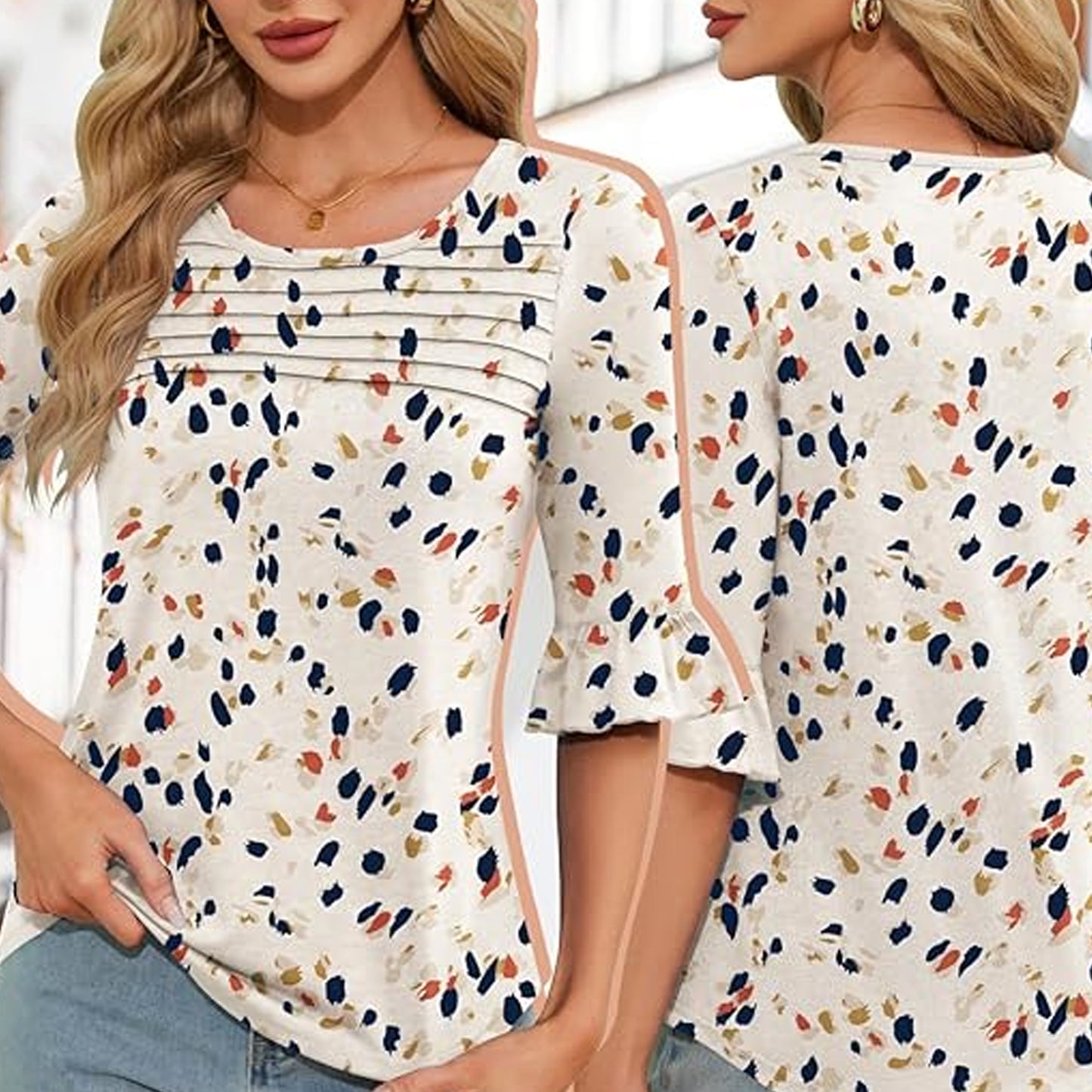 SOMER Women Blouses Casual Floral Print Pleated Crew Neck Tunic Tops with 3/4 Sleeves,2025