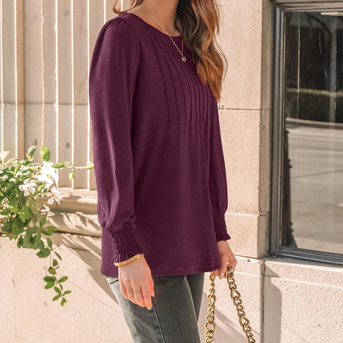 SOMER Womens Tops Long Sleeve Shirts Dressy Casual Blouse Pleated Puff Tunic Tops for Going Out,2025 Fall