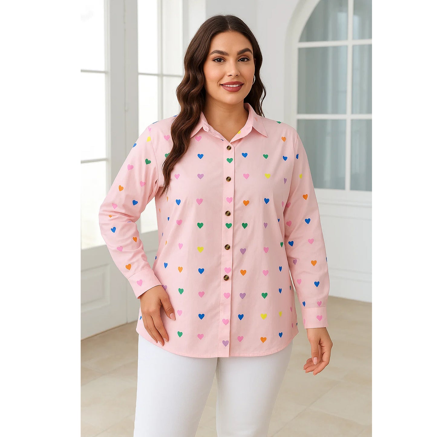 SOMER Woman Blouses Plus Size Heart Print Long Sleeve Tops Button Down Shirts Collared Neck Pink