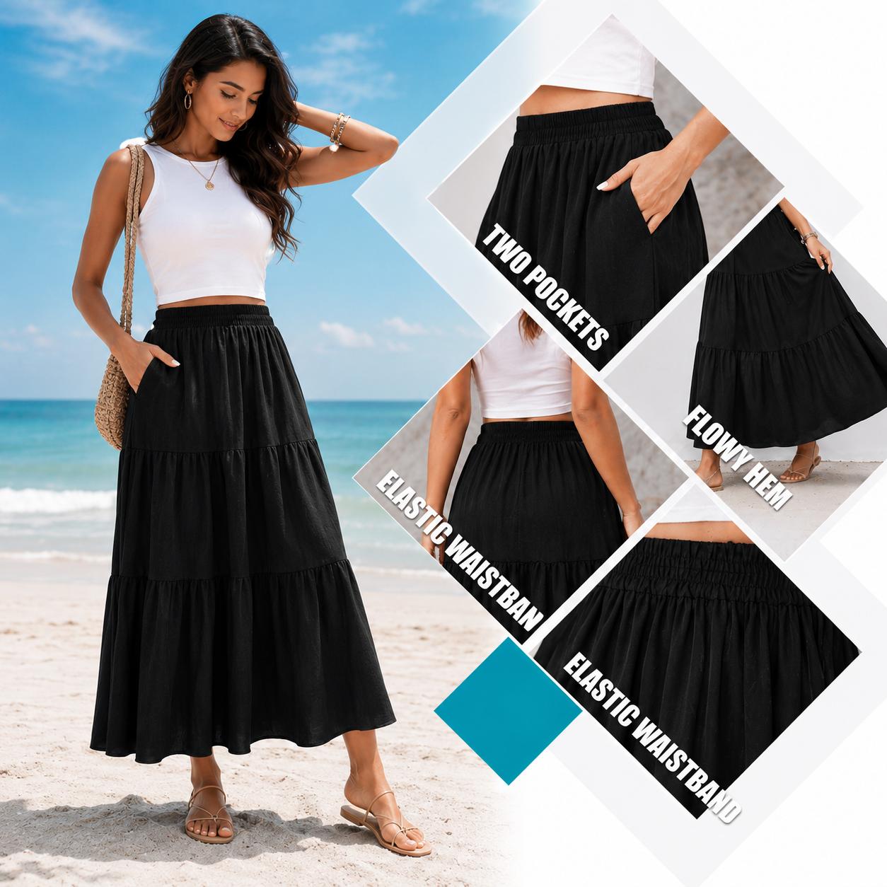 SOMER linen Skirts For Women Flowy Maxi Skirt Summer linen Pleated High Waisted Casual Long Skirts With Pockets
