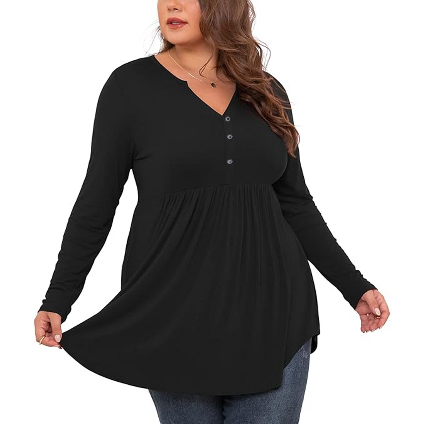 SOMER Plus Size Tops Women Blouses Shirts V Neck Button Tunic Tops Casual Long Sleeve Swing Flowy Blouse