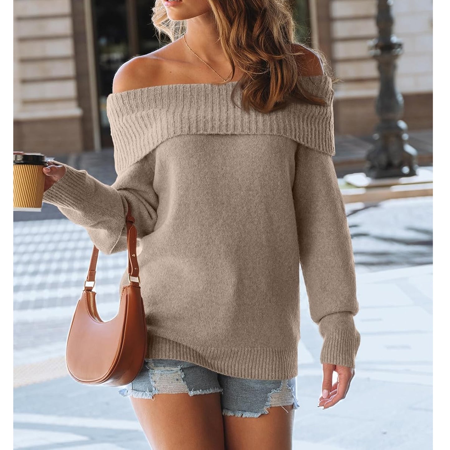 SOMER Off the Shoulder Sweater Knit Pullover Tops Sweaters for Women Long Sleeve Off The Shoulder Tops Casual Loose Winter Sweaters Apricot
