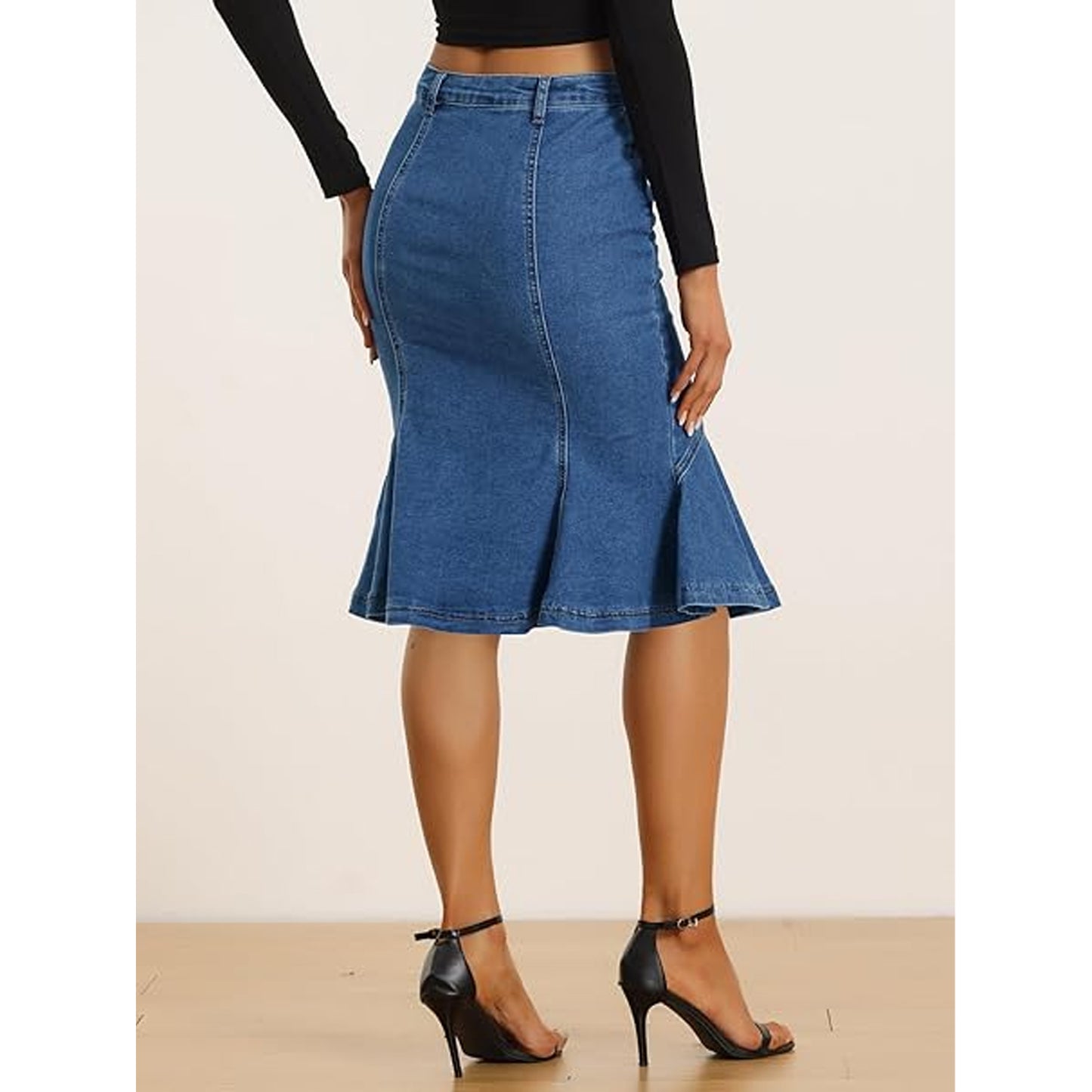 SOMER Women's Denim Mini Skirt Jean High Waisted Bodycon with Ruffles Casual Business Youth Midi Length Jean Skirt Blue