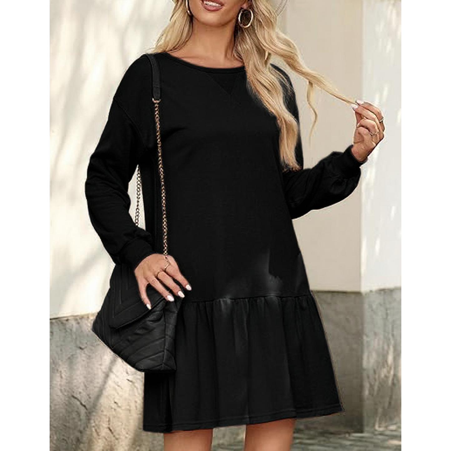 SOMER Fall Dresses for Women 2025, Crewneck Sweatshirt Dress Pullover, Mini Casual Dresses for Women Elegant Classy, A-Line Long Sleeve Black Dress