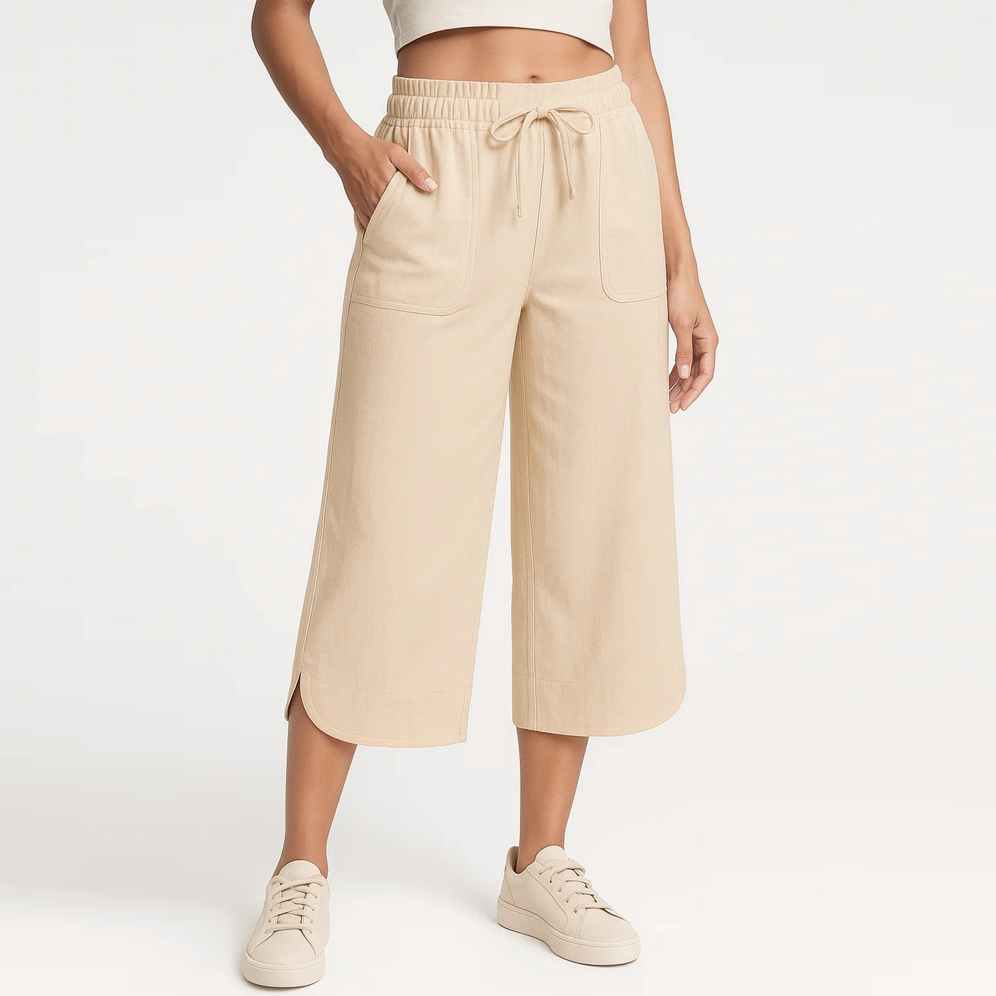 SOMER Linen Pants Women Wide Leg Cropped Capri Pants for Women with Drawstring High Waist Loose Fit Summer Beach Trousers with Pockets, Apricot