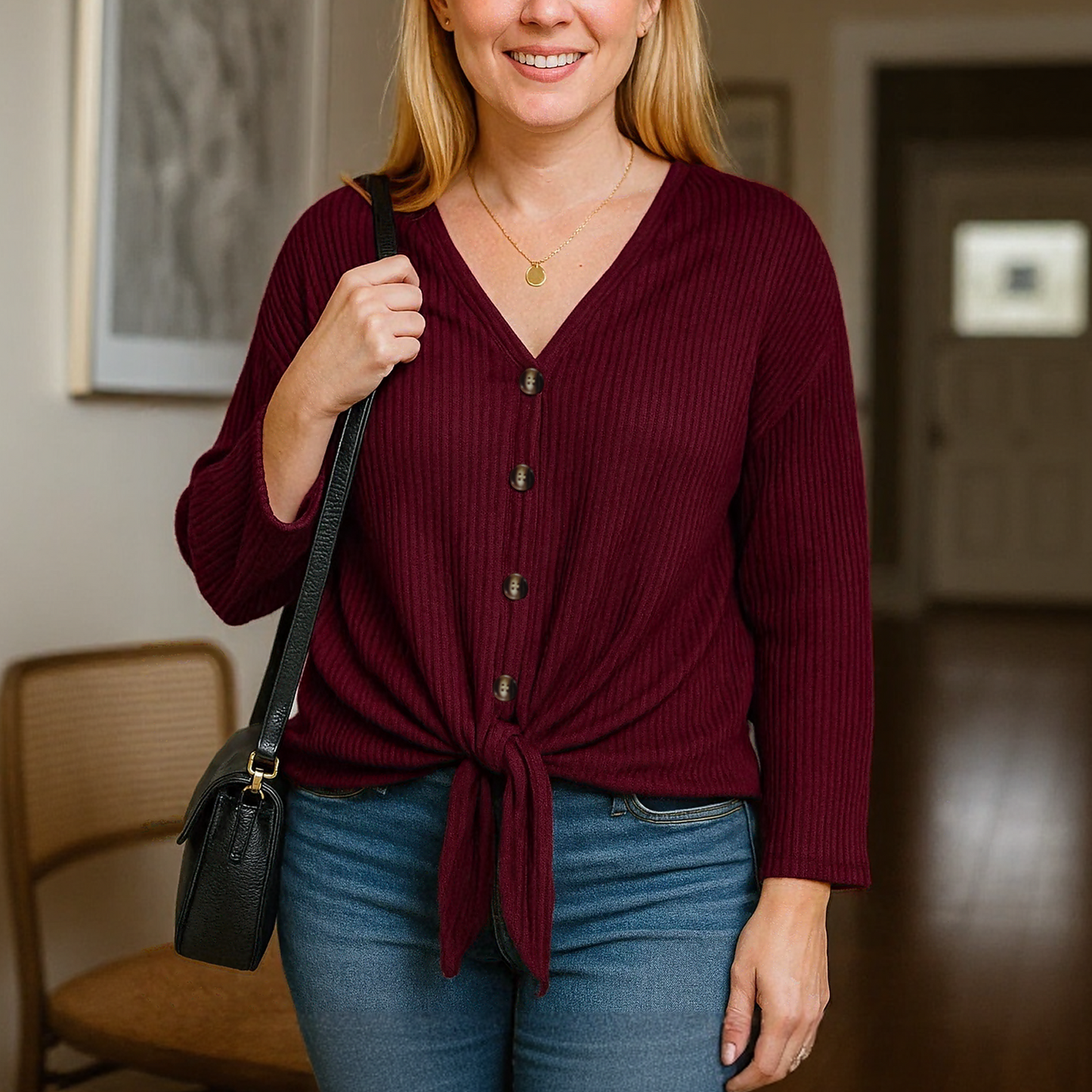 SOMER Woman Blouses Plus Size Long Sleeve V Neck Waffle Knit Tunic Blouse Tie Front Button Up T Shirts