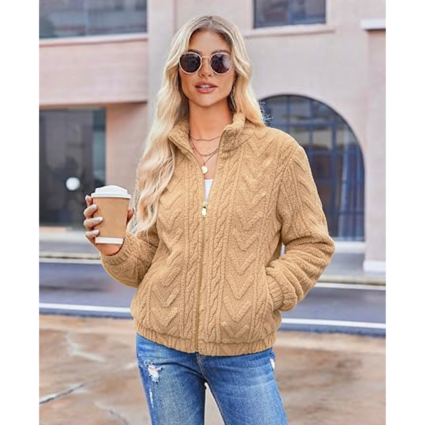 SOMER Fleece Jacket Women Fall Coats Sherpa Jacket Women Long Sleeve with Pockets Brown Zip up Soft Warm, 2025 Winter