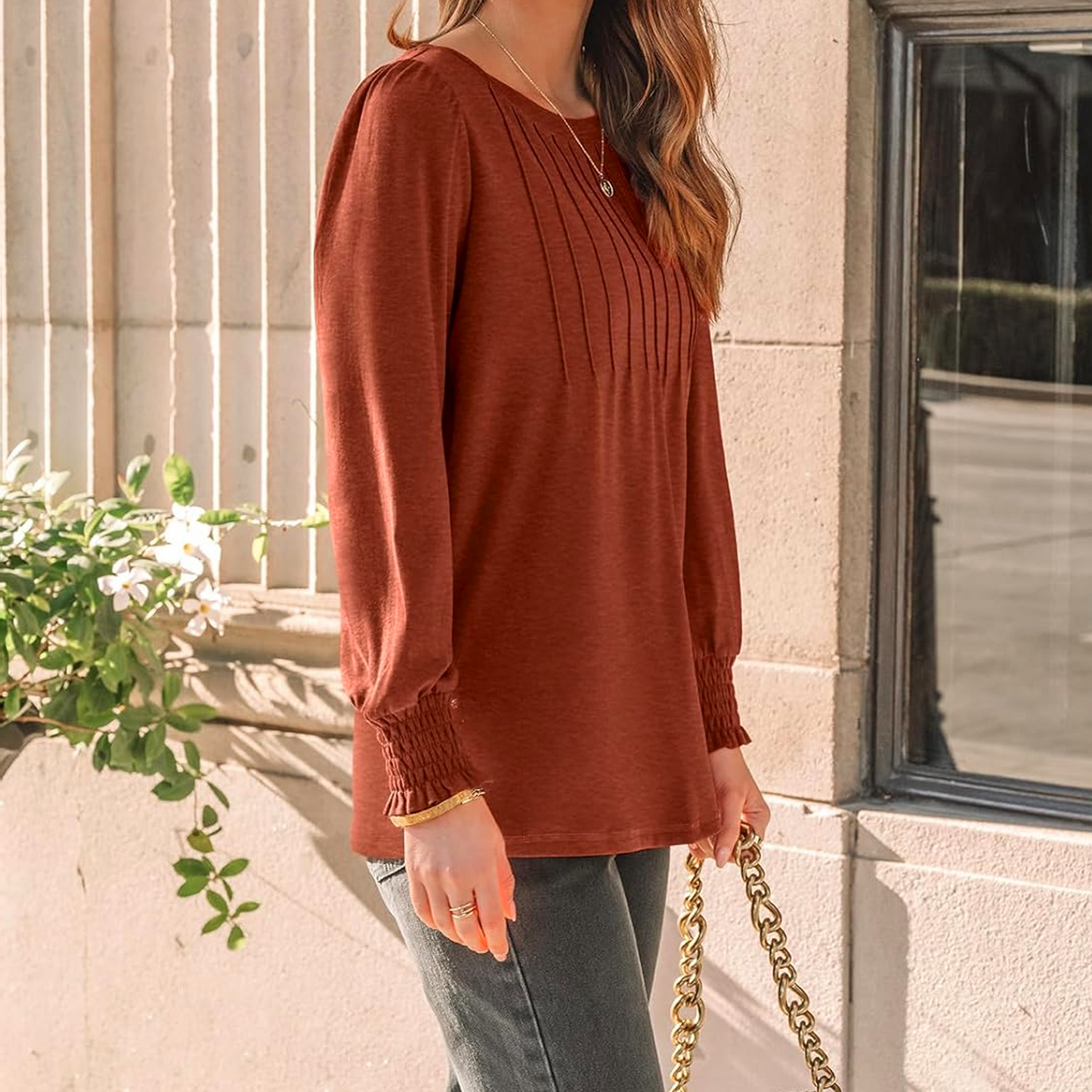 SOMER Womens Tops Long Sleeve Shirts Dressy Casual Blouse Pleated Puff Tunic Tops for Going Out,2025 Fall