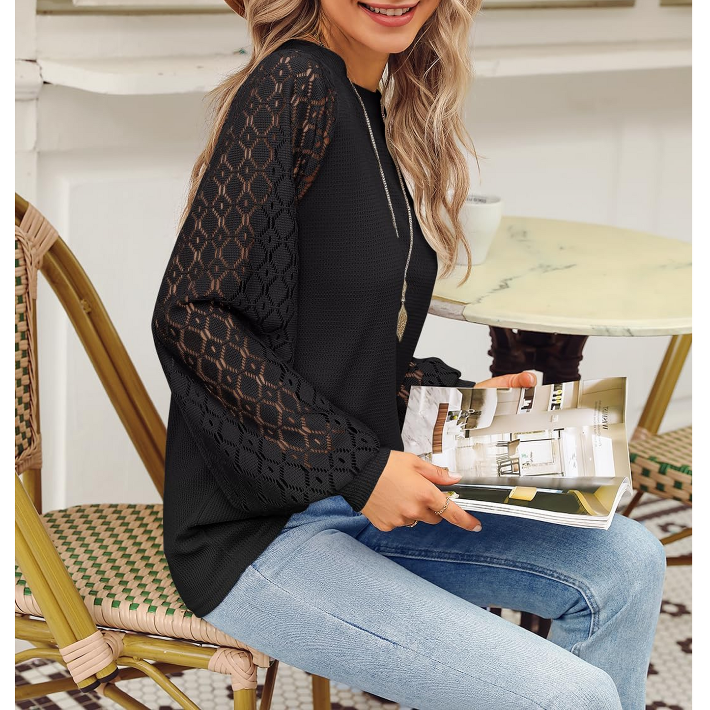SOMER Womans Tops Fall Long Sleeve Shirts Pleated Lace Tops Casual Loose Blouses T Shirts
