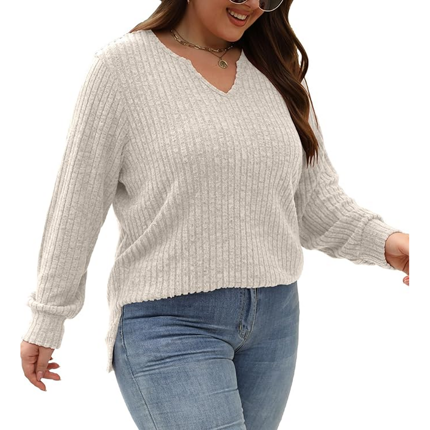 SOMER Plus Size Tops For Women Casual Long Sleeve V Neck Lightweight Knitted Sweaters Loose Fit Plus Size Tunic Tops