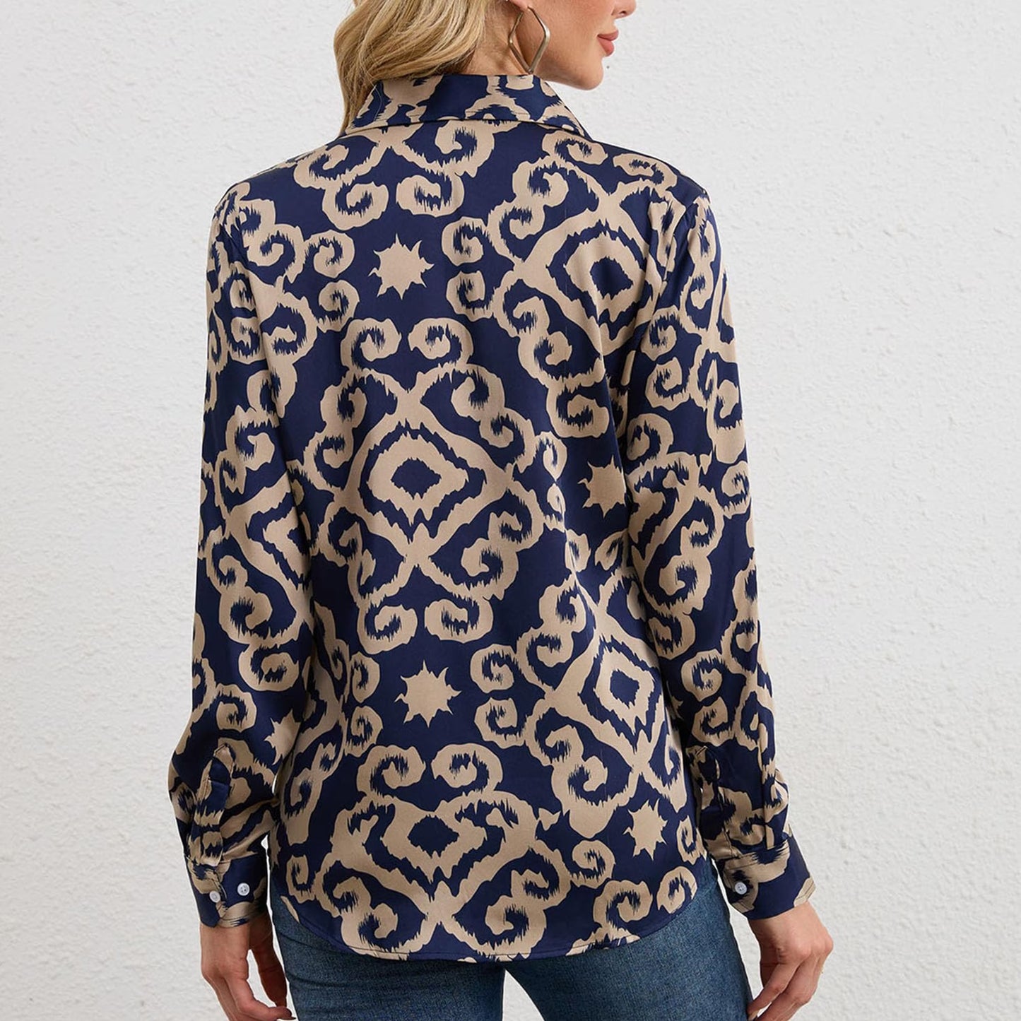 SOMER Button Down Shirts for Womens Dressy Casual Silky Printed Wrinkle-Resistant Long Sleeve Shirts Blouses Tops