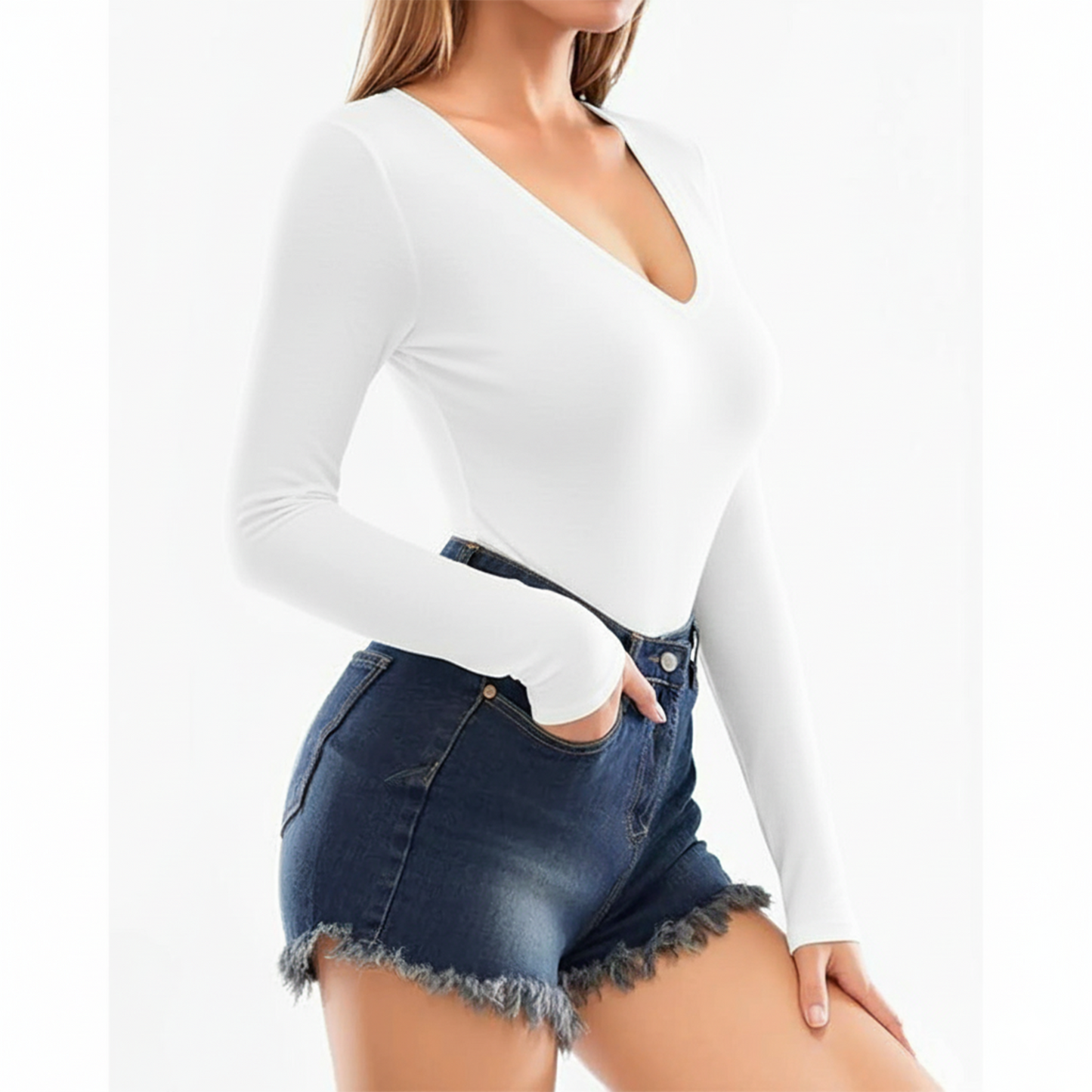 SOMER Body Suit Tummy Control Deep V Neck Long Sleeve Tops Black Bodysuit for Women Clothing