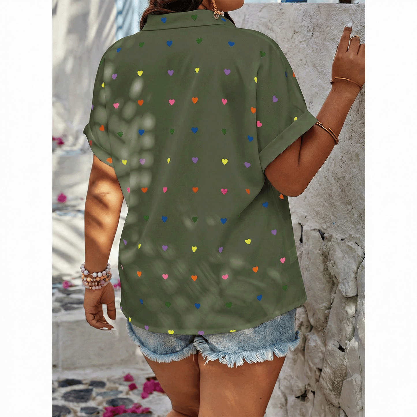 SOMER Plus Size Button Down Shirts for Women Blouses Short Sleeve V Neck Cute Heart Print Shirts Casual Summer Vacation Tops Loose Fit